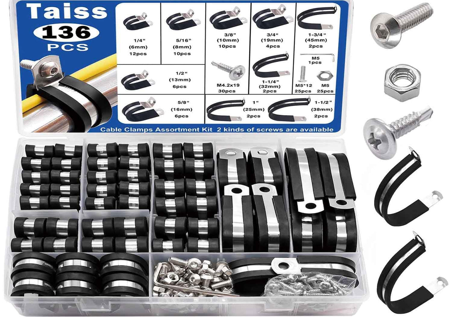 Taiss 136PCS 10 Sizes 304 Stainless Steel Rubber Lined P Clips Kit, 6/8/10/13/16/19/25/32/38/45mm Hose Pipe Clamps Kit,Metal Cable Clips with Two