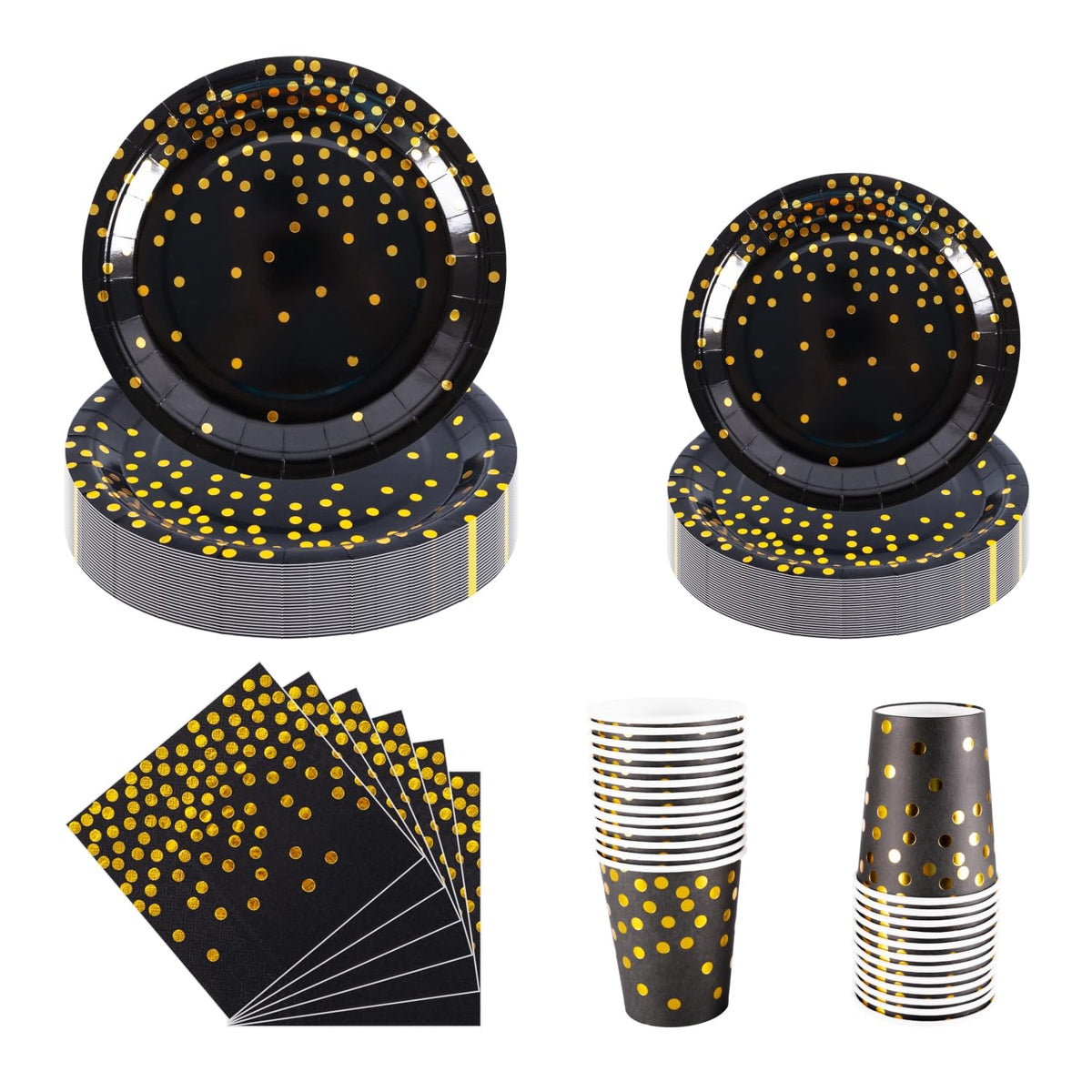 CEILIWEN Gold Polka Dot Party Plates Set - 9'' & 7'' Black Paper Plates, Napkins, Cups for 25 Guests - Elegant Black and Gold Dinnerware for Birthday,