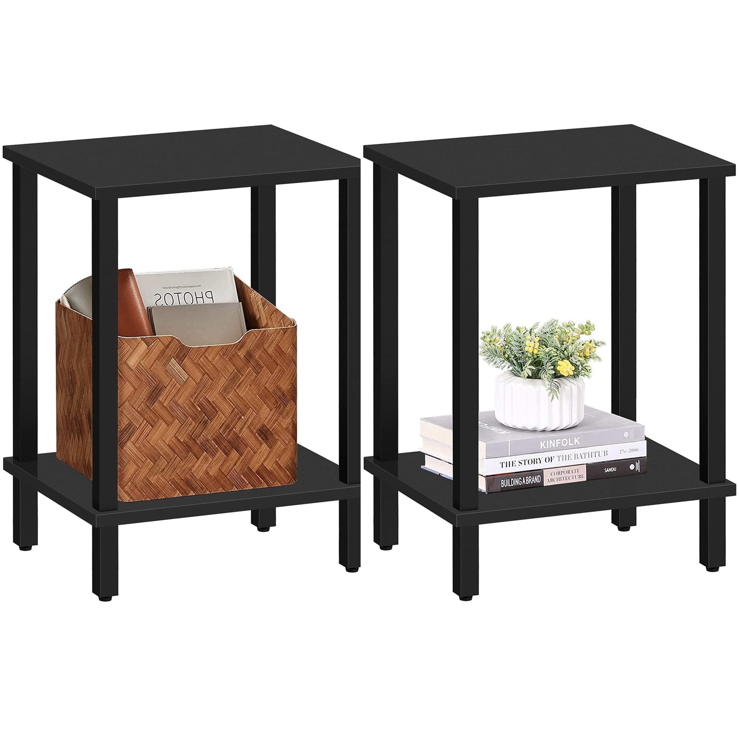 TUTOTAK Side Table, Set of 2, Bedside Table, Night stand, 2-Tier Storage Shelf, End Table for Small Space, Living Room, Bed Room, Black V1TB01BK035EU