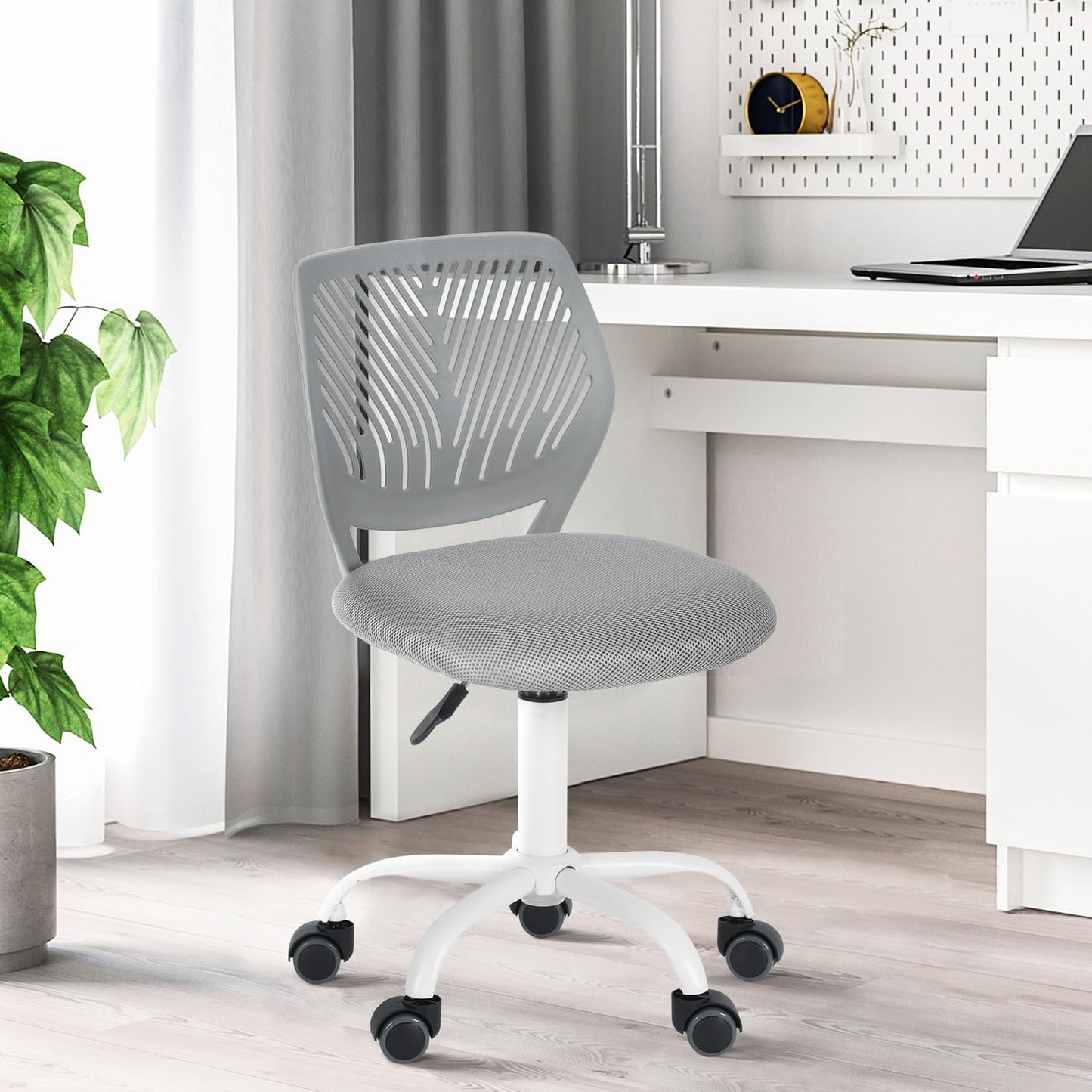 FurnitureR Home Office Chair, Modern Adjustable Computer Seat, No Swivel Armrest Office Chair, Youth Office Chair, Study Room, Grey