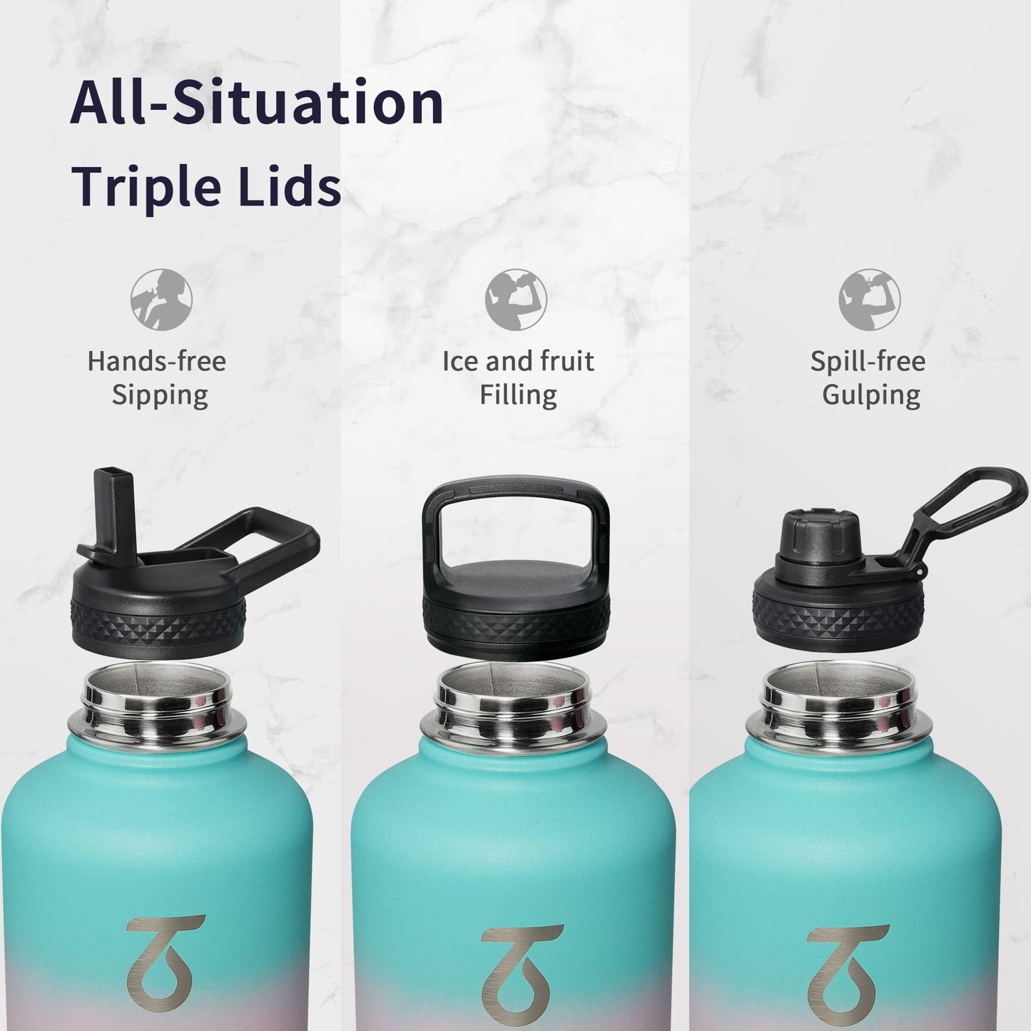 Trebo Stainless Steel Water Bottle 2L, Wide Mouth Insulated Water Bottle Double with Paracord Handle Sports Bottle Keep Cold 48 Hours Water Jug with 3
