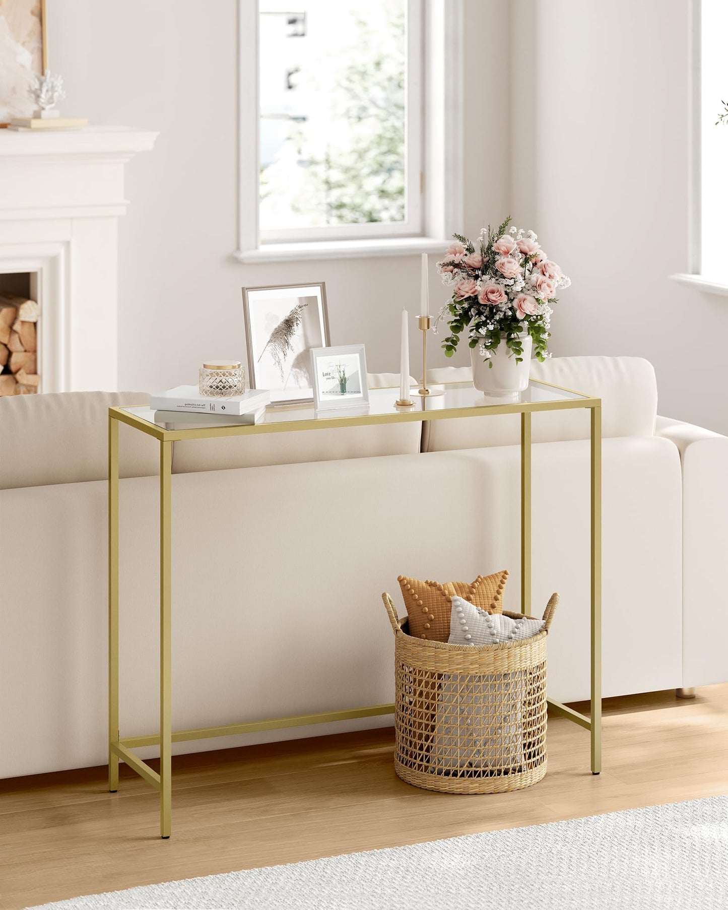 VASAGLE Console Table, Tempered Glass Table Top, Metal Frame, Heavy Duty, Adjustable Legs, for Living Room, Entryway, Hallway, Gold LGT26G
