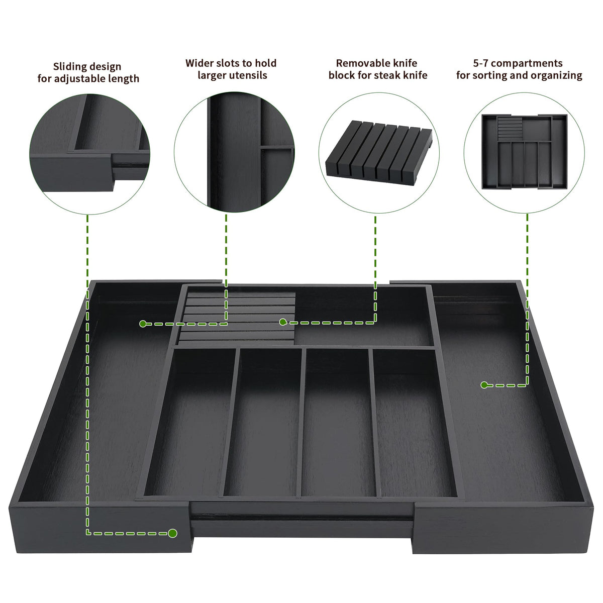 VaeFae Bamboo Silverware Drawer Organizer Kitchen, Expandable Utensil Holder and Cutlery Tray with Divider | 13"-21.6" Flatware Storage (Black)