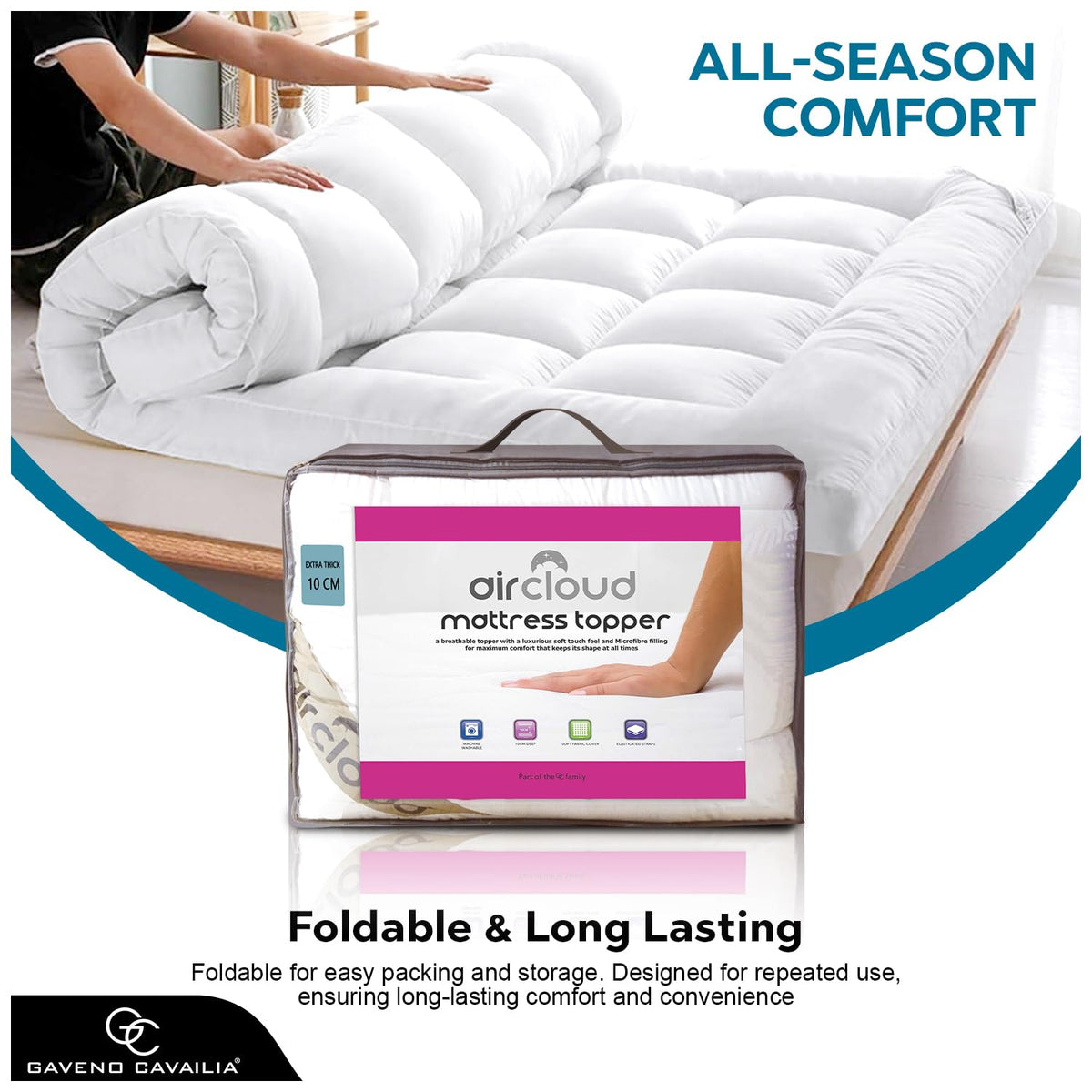 GC GAVENO CAVAILIA Quilted Mattress Topper King Size 10cm Deep | Hotel Quality King Size Mattress Topper 4 Inch Thick with Elastic Corner Straps |