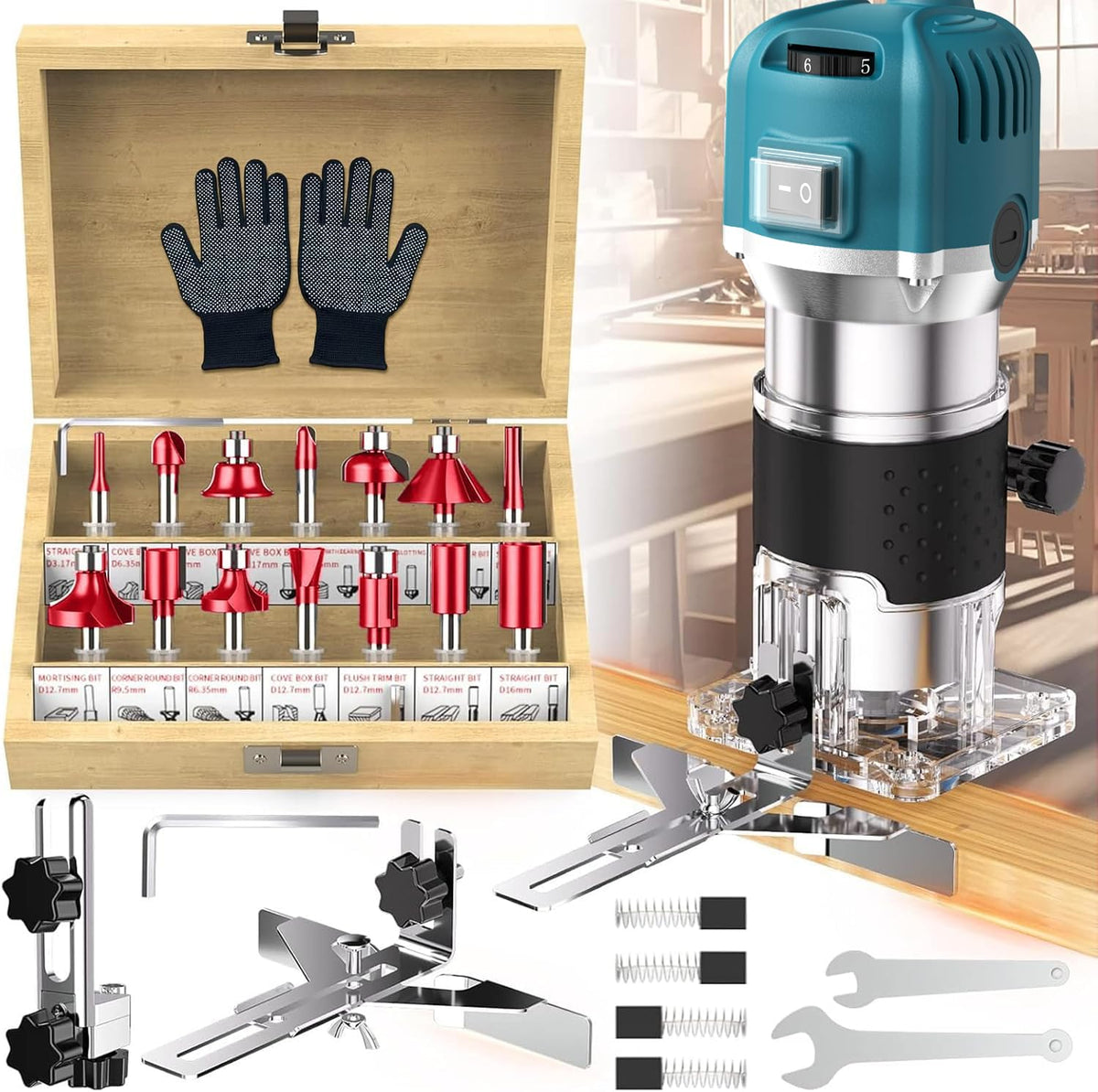 Palm Router Tool, 800W 30000Rpm Electric Woodworking Hand Router with Trimmer Base & 15Pcs 1/4"(6.35mm) Router Bits Set, 220V Wood Trimmer Router