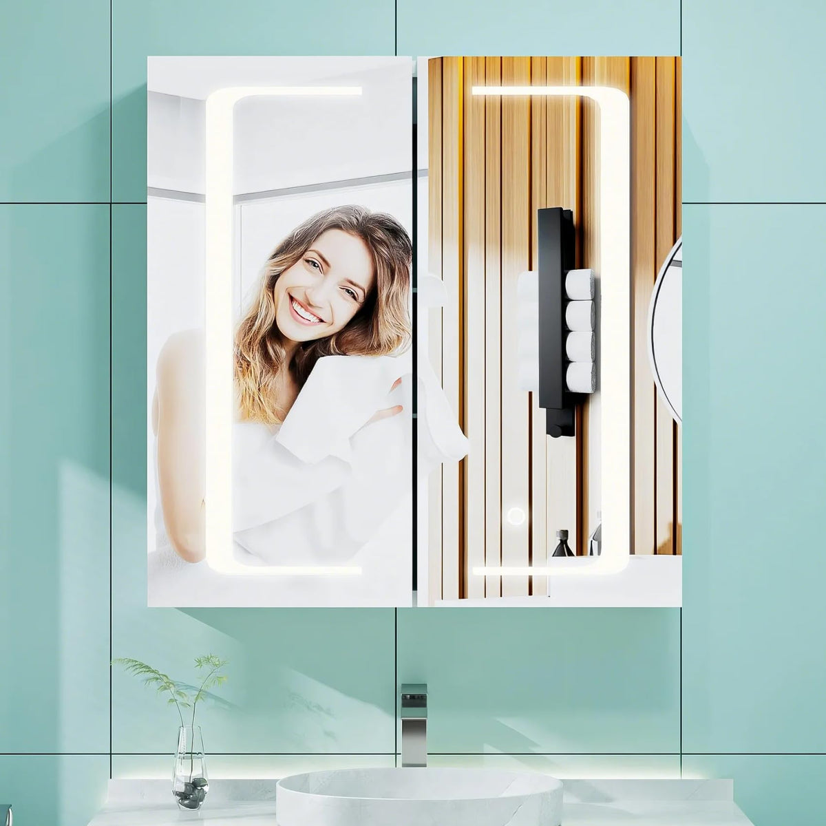 NexiPro 630 x 650mm Bathroom Mirror Cabinet With LED Lights,Shaver Socket,Adjustable Shelves,IP44,Anti-fog,Dimmable Memory Function,Soft-Close