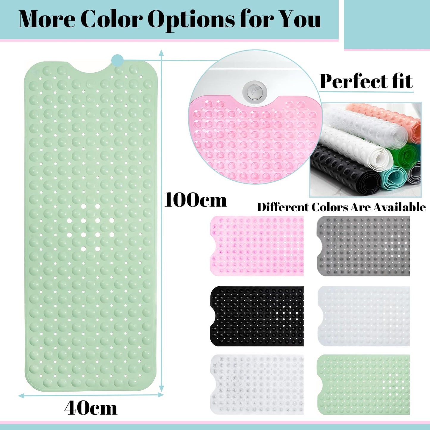 Shower Bath Mat 100x40cm,Extra Long Shower Mat Anti Mould Bath Mats Green,Non Slip Bath Mat for Tub,Shower Mats with Suction Cups,Drain Holes,Machine