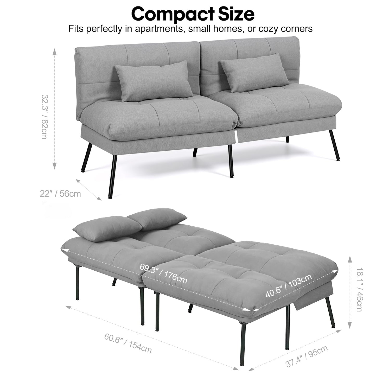 Panana Fabric 3 Seater Sofa Bed, 5-Gear Back Angle Adjustable Futon Sofa for Living Room/Guest Room (Grey)