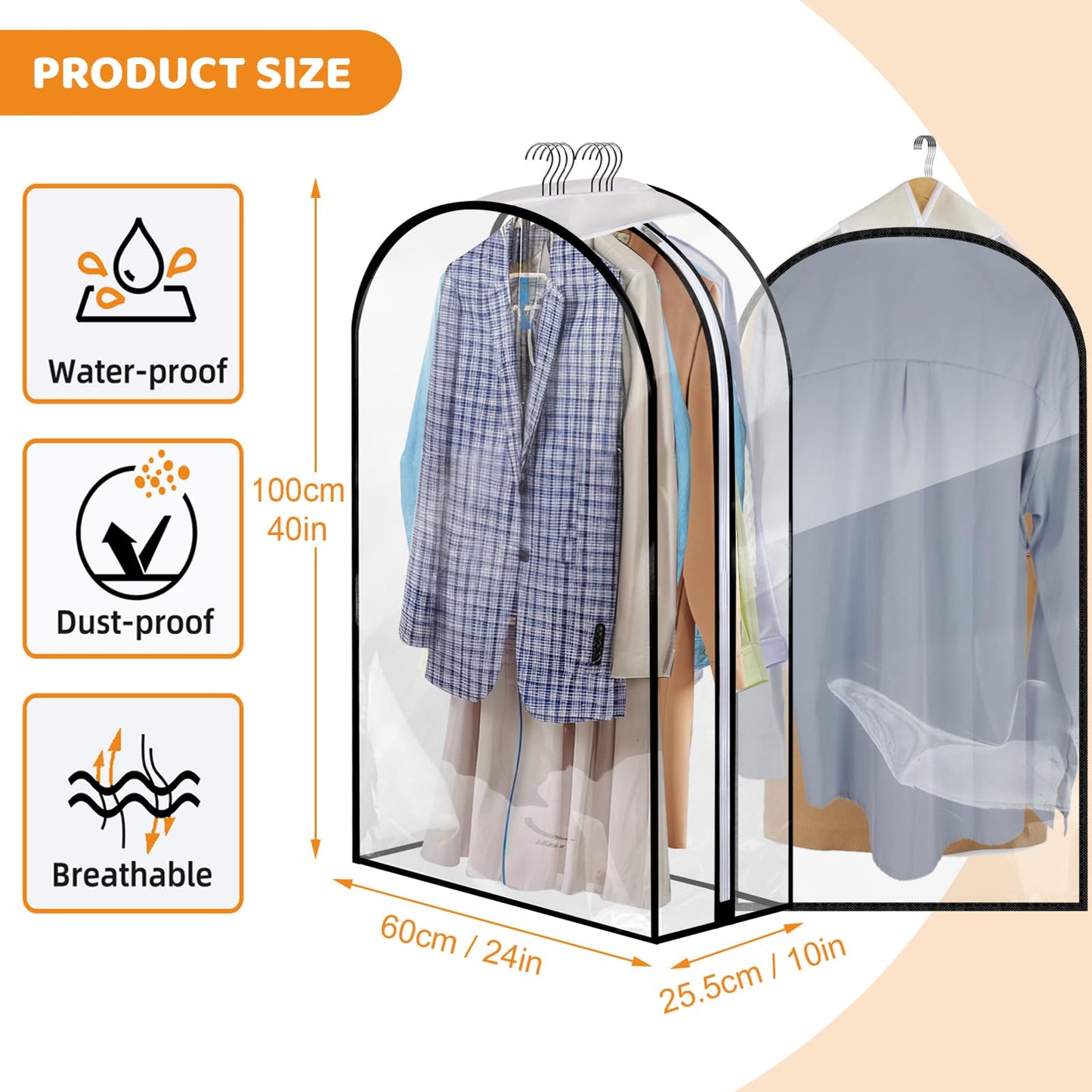 4 Pack Clear Garment Bags 40" with 10" Gusset for Coats, Suit, Jackets