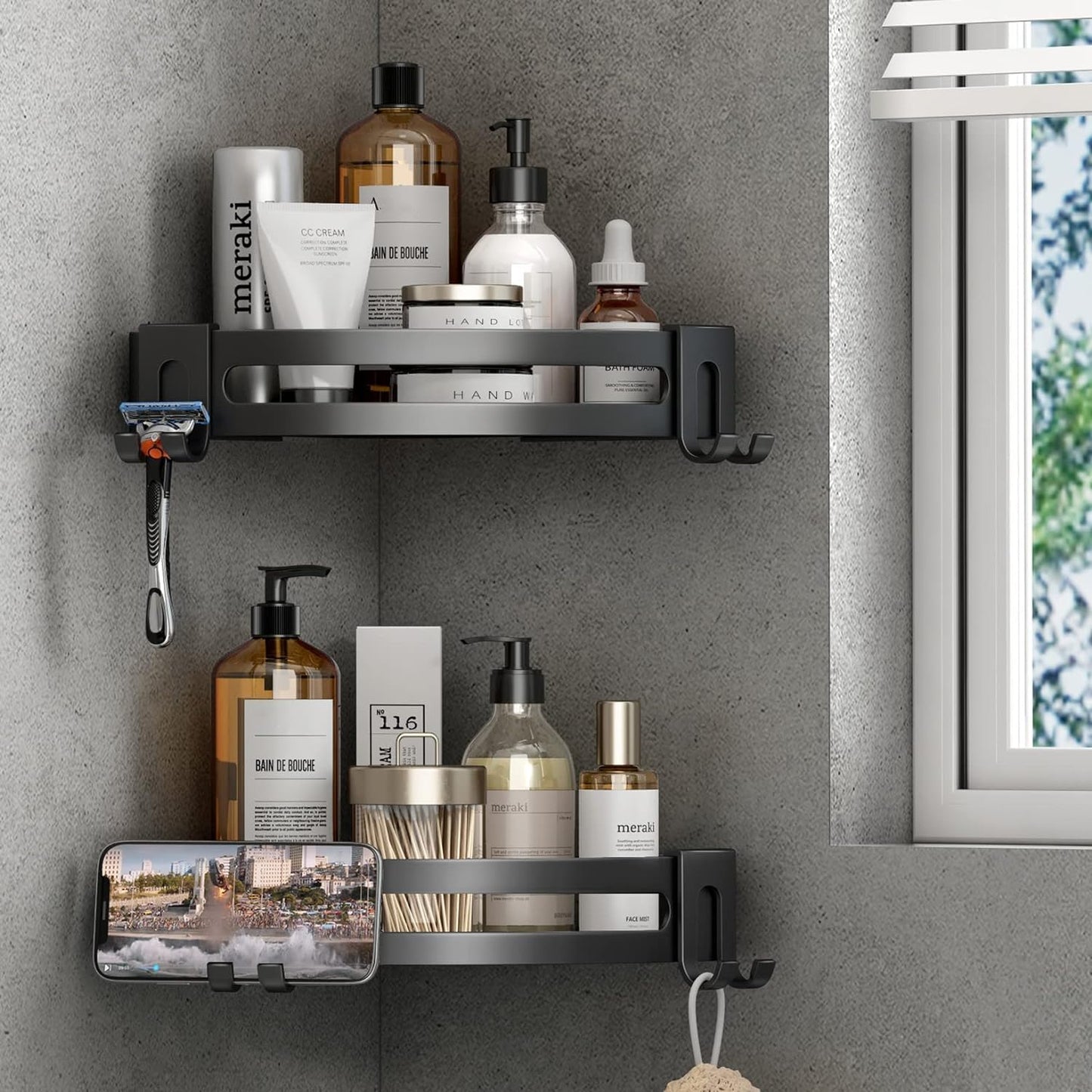 Voldra Corner Shower Caddy No Drilling, Shower Shelf Coner Adhesive Bathroom Corner Shelves with 4 Razor Hooks Corner Shelves No Drill Bathroom