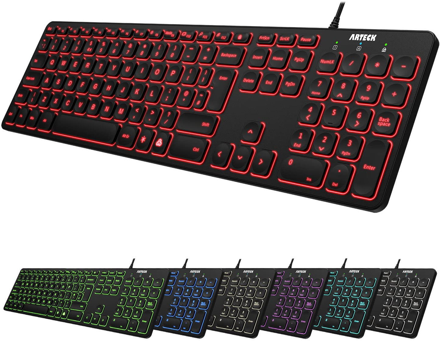 Arteck USB Wired Keyboard Universal Backlit 7-Colors & Adjustable Brightness Full Size Keyboard with 1.8M Wire, Numeric Keypad and Media Hotkey for