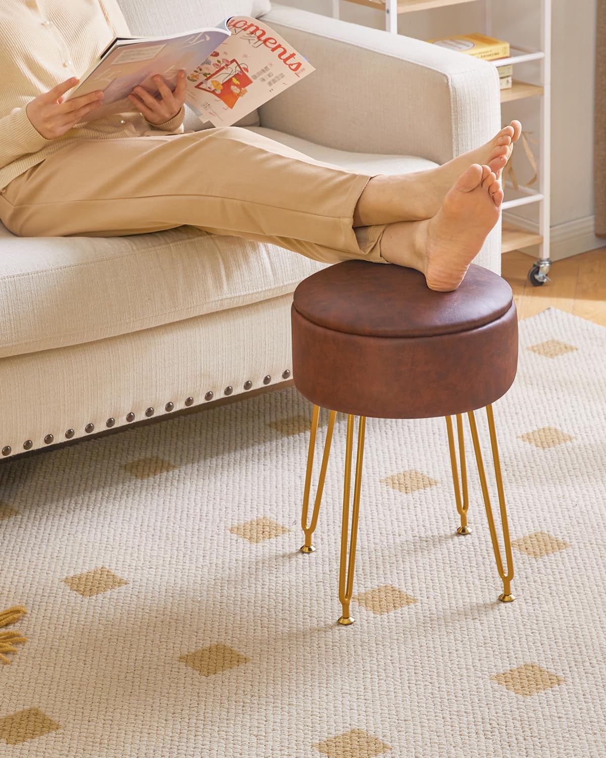 IBUYKE Faux Leather Round Footrest Stool with Storage, Dark Brown WBD024Z