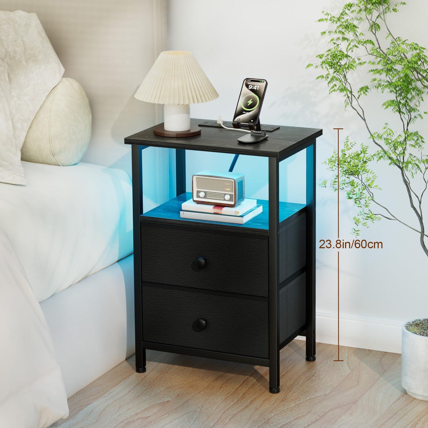 LOAKEKEL Bedside Table, Side Table with Charging Station, Bed Side Table