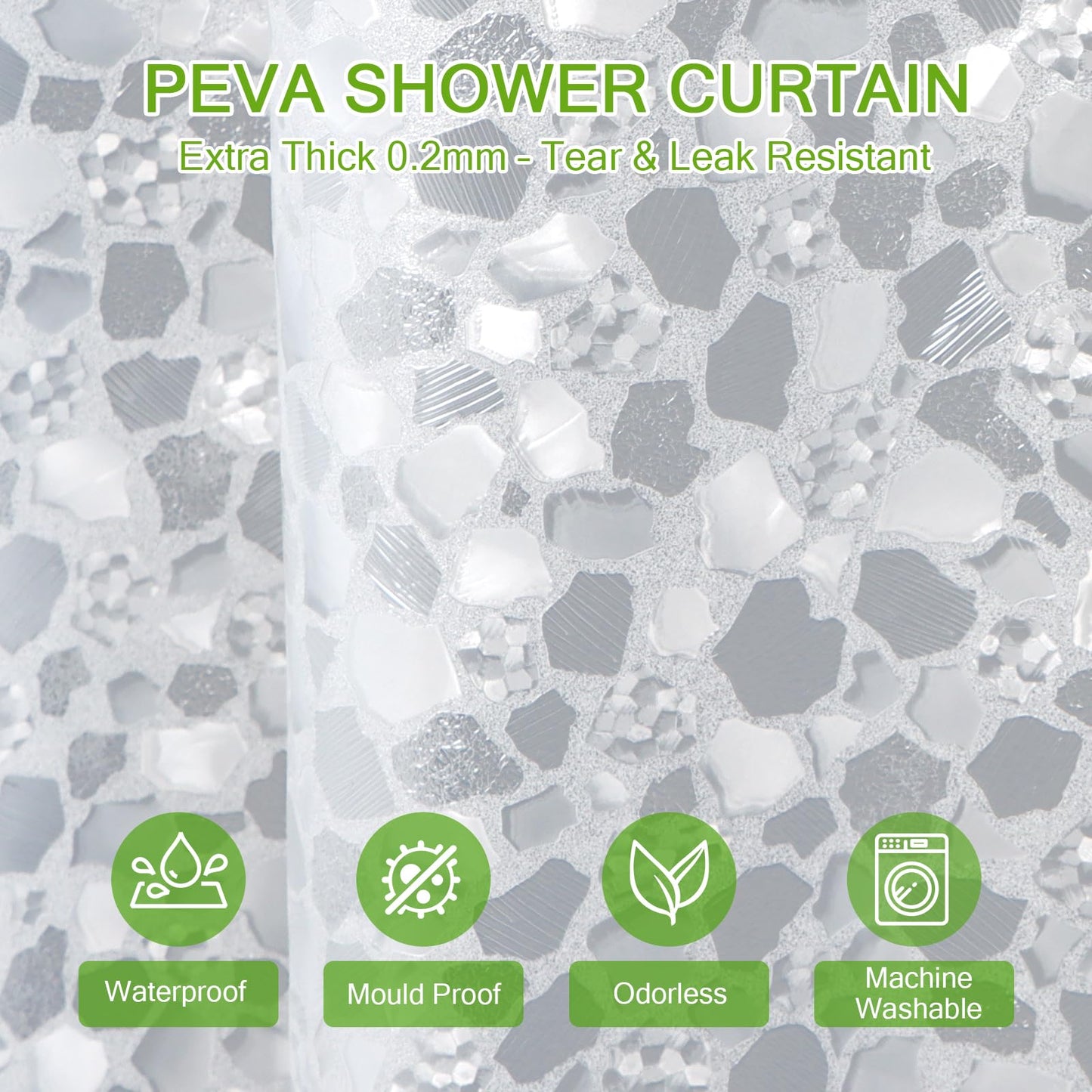 Minicoco PEVA Shower Curtain Mould Proof Mildew Resistant Waterproof Shower Curtains for Bathroom with Magnets and 12 Hooks Clear 3D Pebble Bathroom