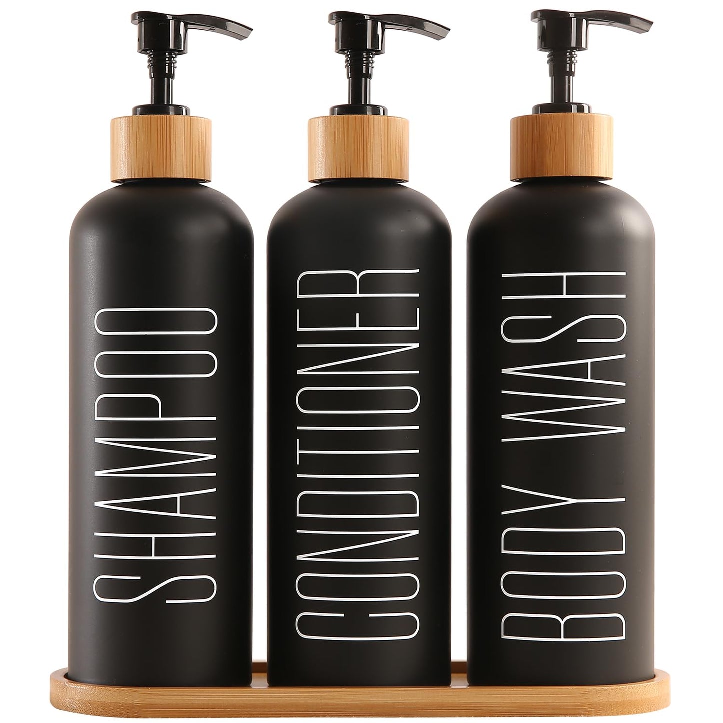 Prus Waso Shampoo and Conditioner Dispenser with Bamboo Pumps & Tray, Perfect for Bathroom Essentials for New Home (Black)