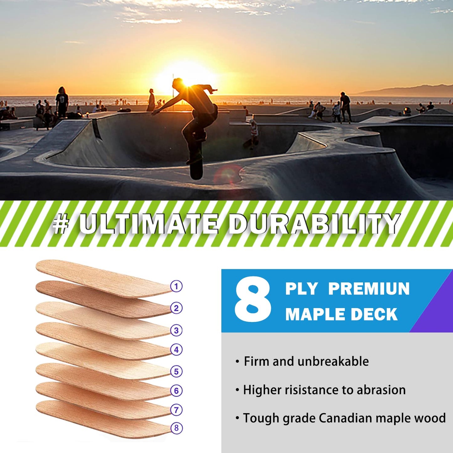 Skateboard,31 x 8 Inch Complete Skateboard, 8-Layer Maple Wood Deck Double Kick Standard Skateboards for Kids, Teens, Adult, Beginner (Sky)