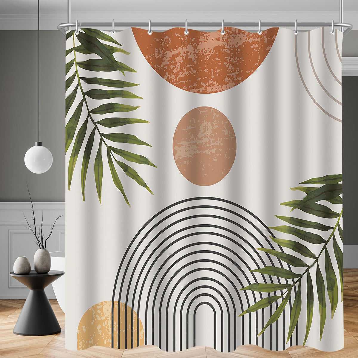 Lerores Shower Curtain 150 x 180 cm Leaves Line, Weighted Hem, Anti-Mould Textile, Water-Repellent, Washable Polyester Fabric Bath Curtains with 8