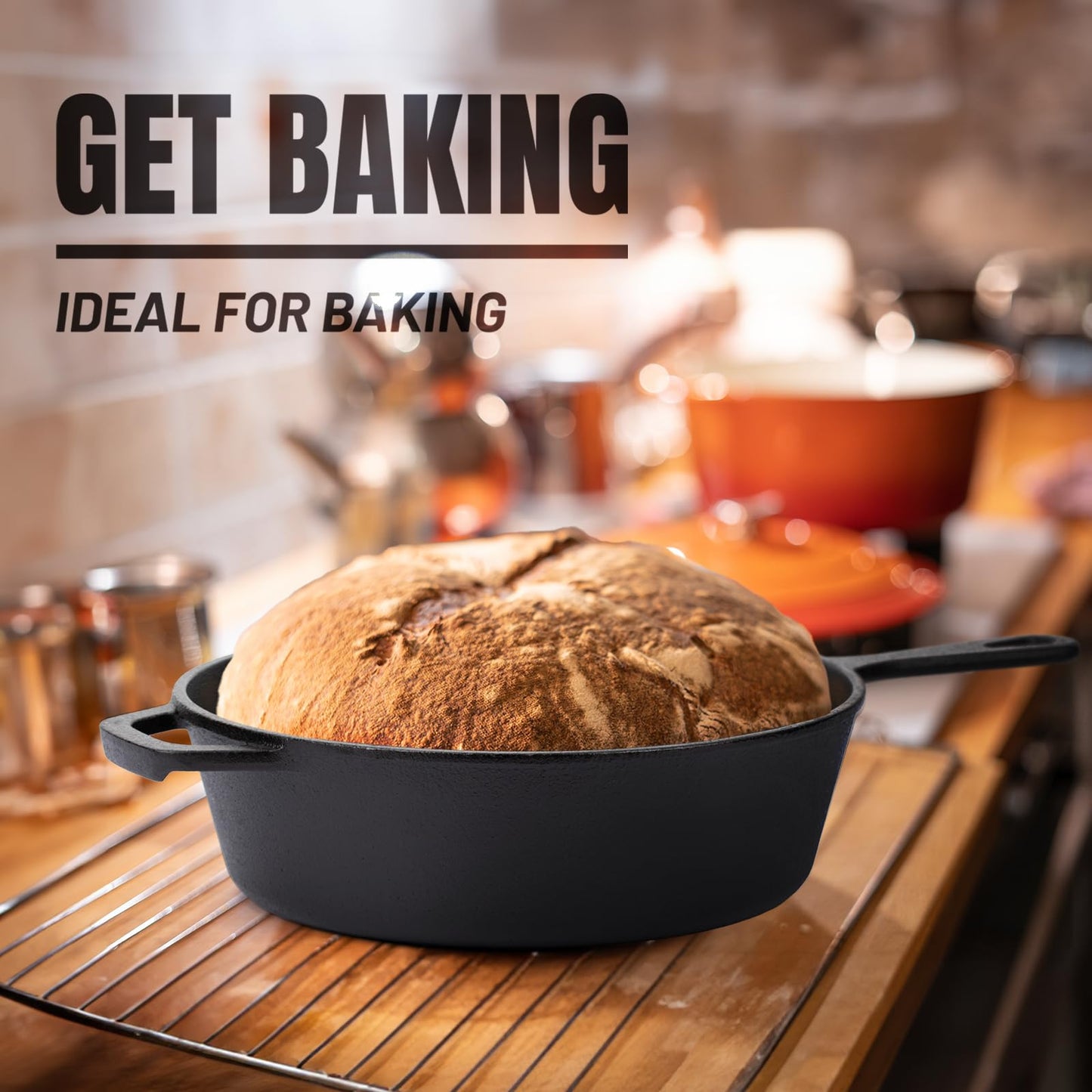 Overmont Pre-Seasoned 3L/3.2 quart Cast Iron Combo Cooker with Lid,2 in 1 with Cookbook Recipe,3L Dutch Oven, 1.4L Skillet, Grill Griddle Works on