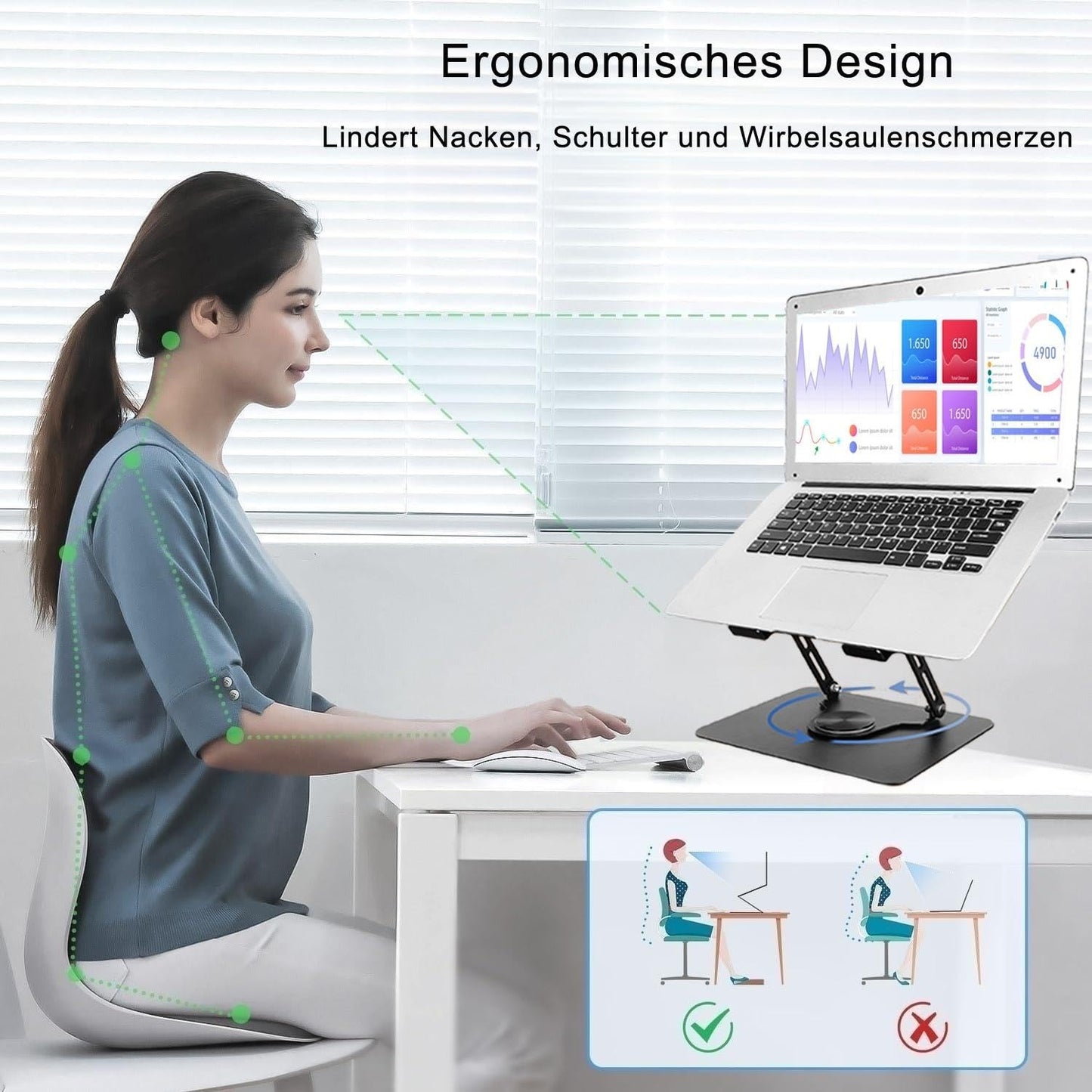 RooxiLoo Laptop Stand with 360° Rotating Base, Height-Adjustable, Ergonomic, Ventilated, Compatible with MacBook Pro/Air, All Laptops 10-17 Inches
