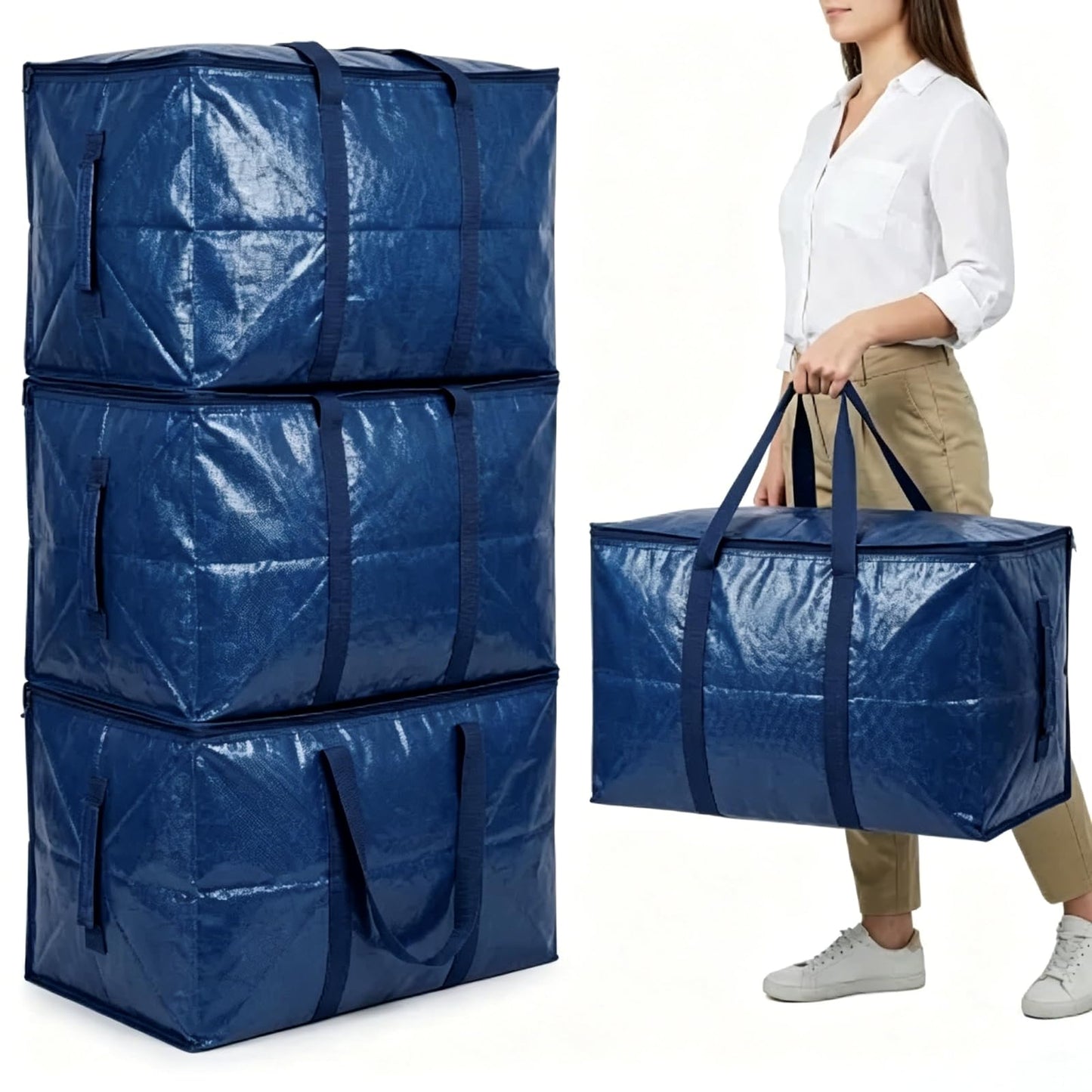 Boyfield Moving Bags 90L 4 Pack Storage Boxes Heavy Duty Packing Boxes with Zips, Clear Moving Boxes Foldable PP Storage Bags for Clothes, Bedding