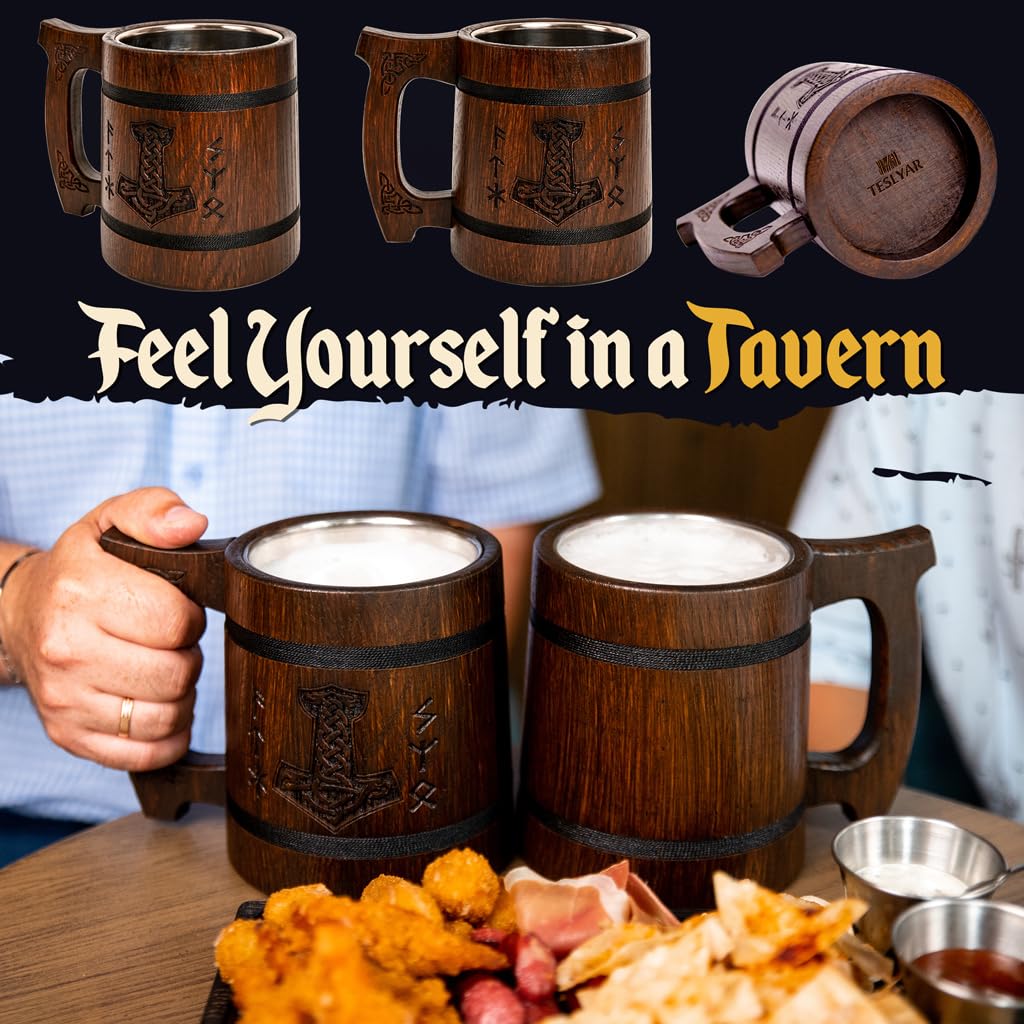 Teslyar Viking Beer Mug Tankard for Men - 0.6 liters 20 Ounces Handmade Oak Wood Stainless Steel Cup Authentic Design Xmas Gift | Birthday Gift|Gifts