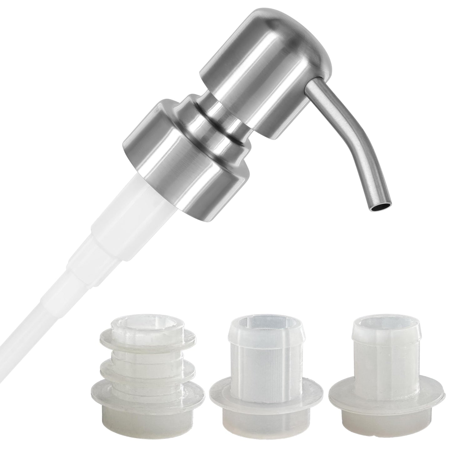 ALTGLAS Upcycling Soap Dispenser Pump Head 'Zagreb' with 3 Silicone Stoppers Fitting Ring Set for All Bottle Openings With Diameter 18-23mm (Silver
