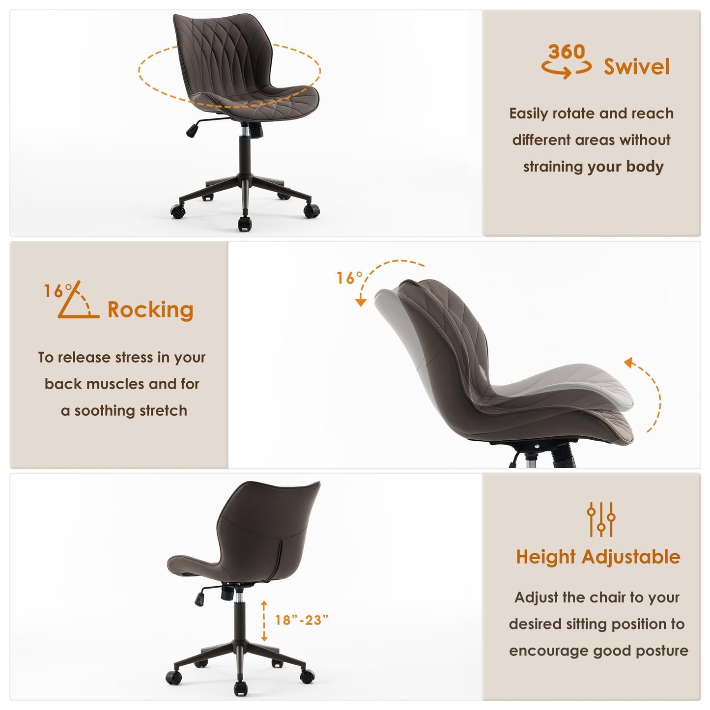 YOUNUOKE Desk Chair Adjustable Home Office Chair with Wheels, Brown