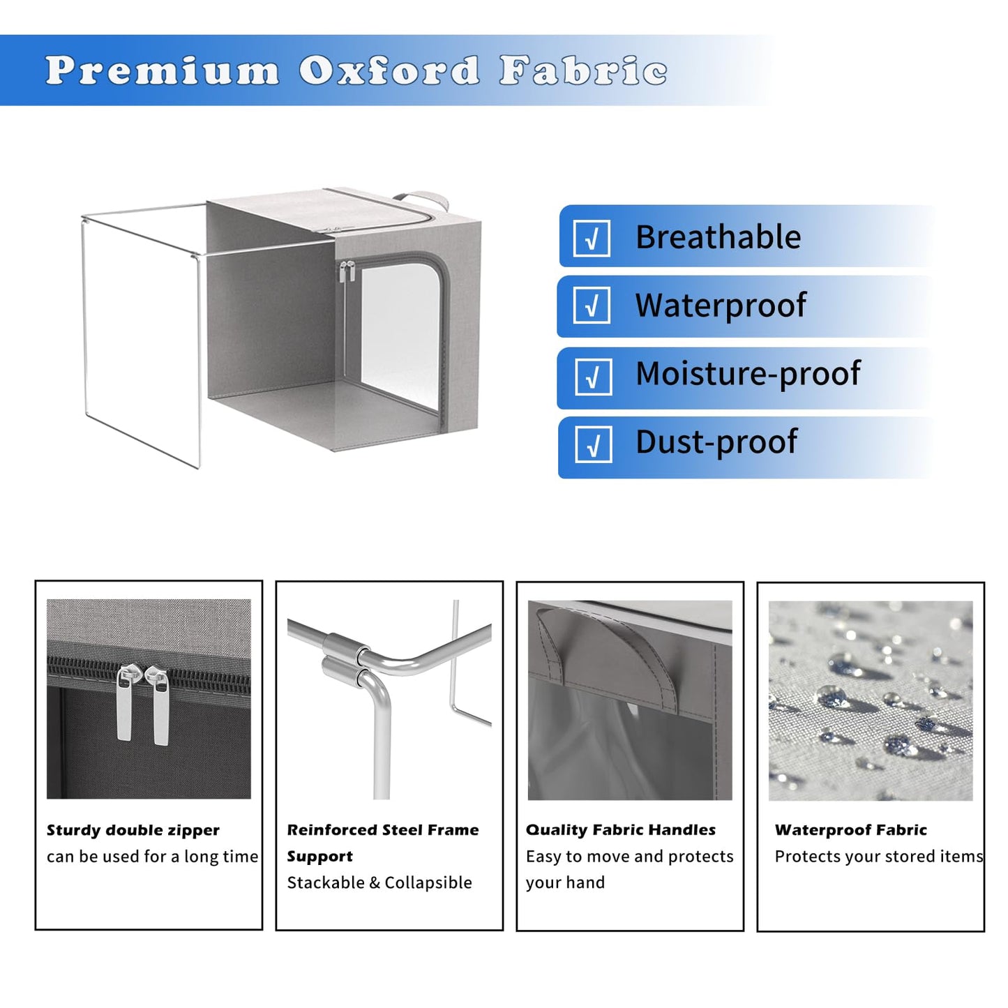 FUSACONY Clothes Storage Boxes 3 Pack Waterproof Clothes Storage Bag, Foldable Oxford Cloth Steel Frame Box with Double Opening Zips and Three Clear