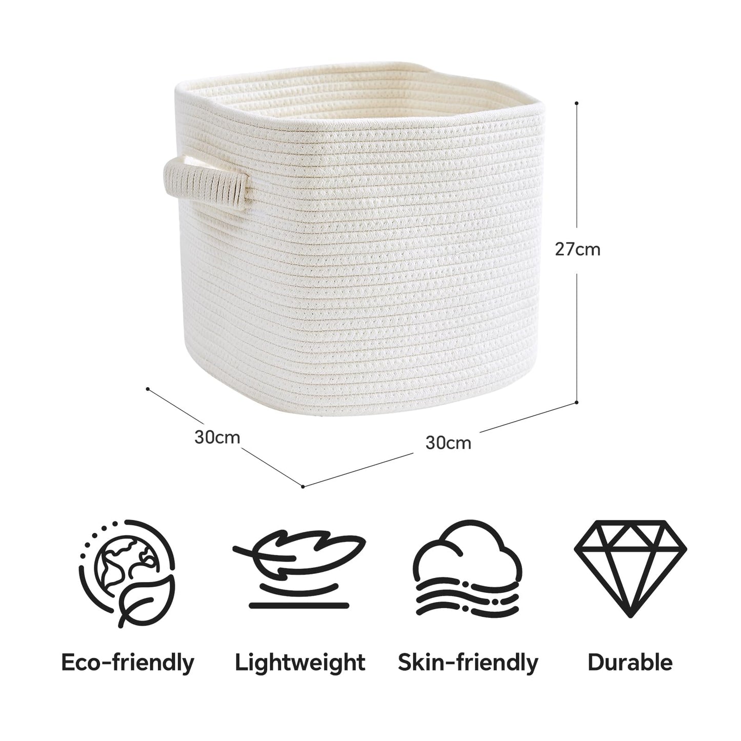 Mangata Set of 4 White Cotton Rope Cube Storage Baskets with Handles, 30x30x27cm, Woven Organisers for Shelves, Bathroom, Bedroom