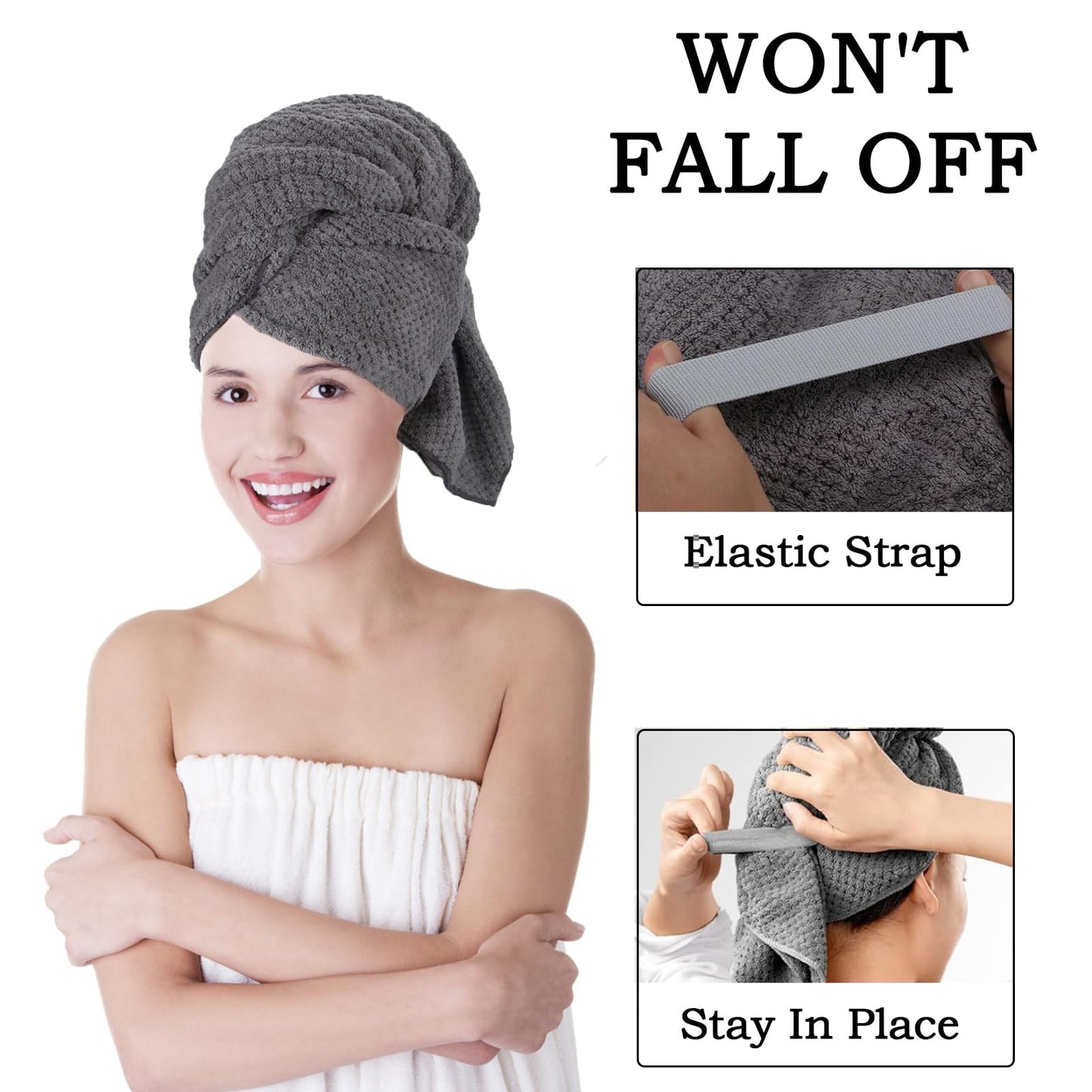 FveVqe Microfibre Hair Towel - Super Absorbent, Elastic Strap for Wet/Curly/Long & Thick Hair (Gray)