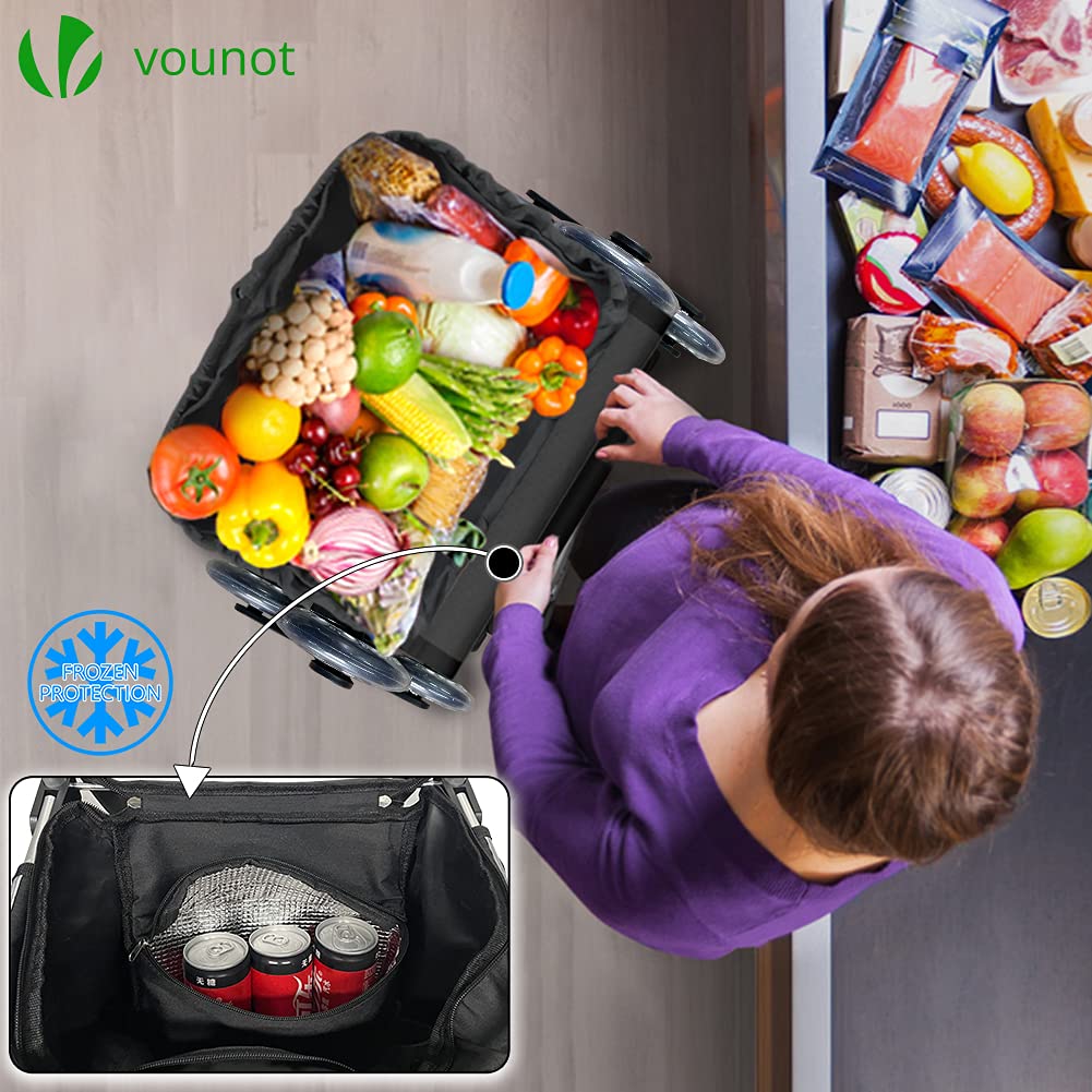 VOUNOT Folding Shopping Trolley on 6 Wheels, Aluminium Lightweight Shopping Cart with Insulated Cooling Bag, Stair Climbing Grocery Trolley, 58L,