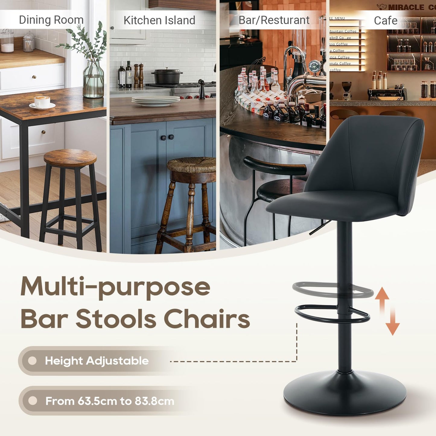 COLAMY Breakfast Bar Stools Set of 4, Modern Swivel Kitchen Stool, Adjustable Upholstered Barstools Counter Height with Square Open Back for Bar