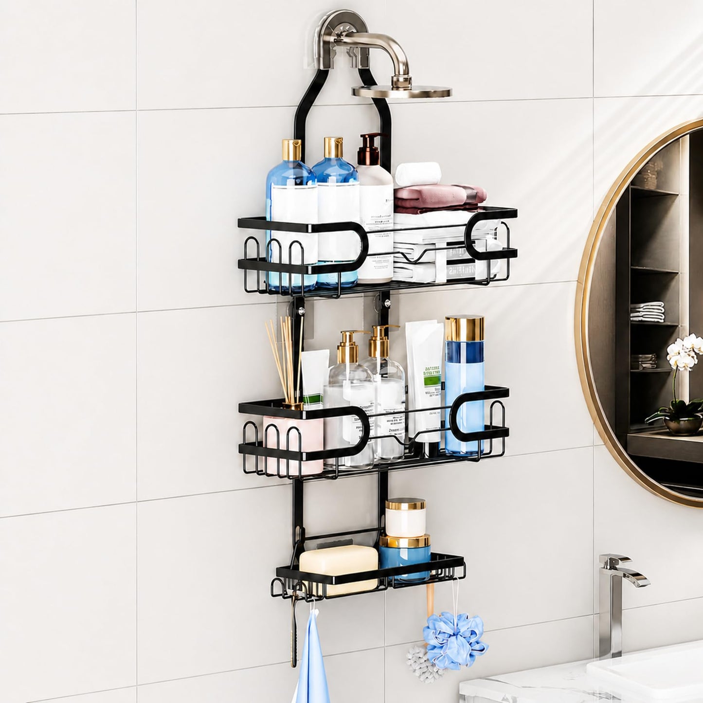 Trlyane Shower Caddy Hanging, Over Shower Head Organiser 3 Tier, Black