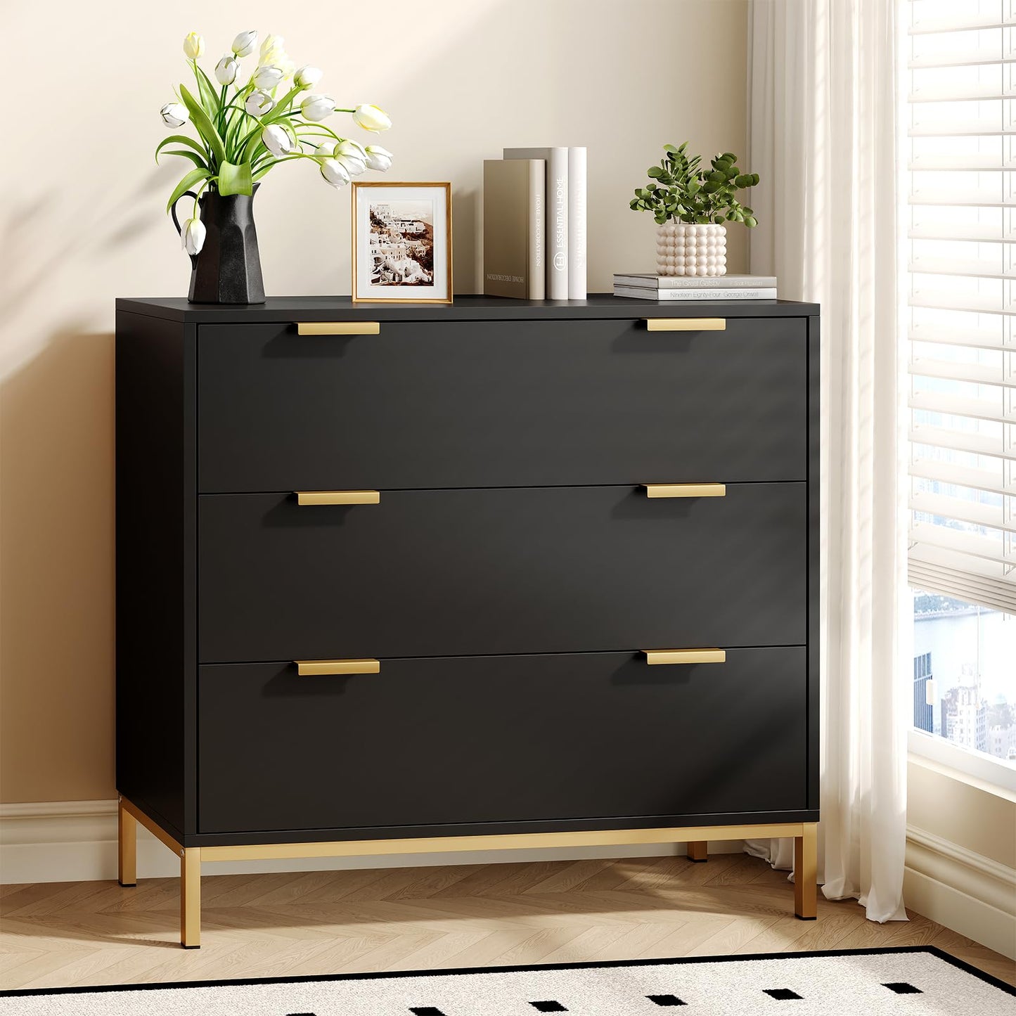 Yvsevnr Black Chest of Drawers Bedroom Wooden 3 Drawers Dresser with Spacious Storage Clothes Drawers with Sturdy Handles & Legs for Bedroom