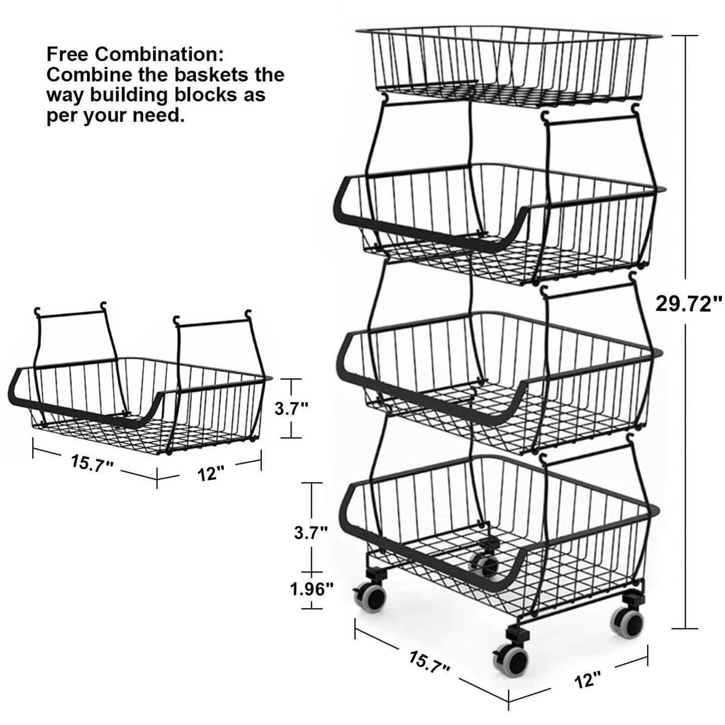 BRIAN & DANY 4 Tier Vegetable Storage Rack, Stackable Fruit Vegetable Stand with Lockable Casters and 5 S-Hooks for Kitchen, Pantry, Bathroom, Garage