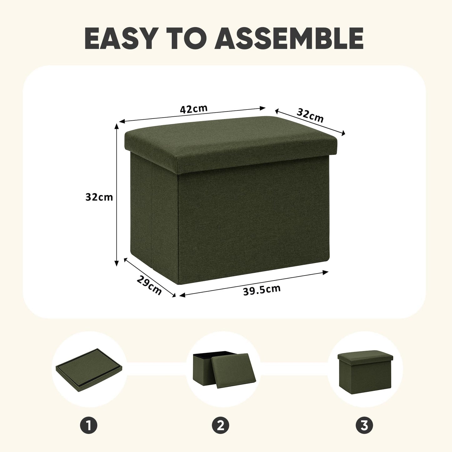 PINPLUS Folding Storage Box Ottoman, Linen Small Footstool, Olive Green