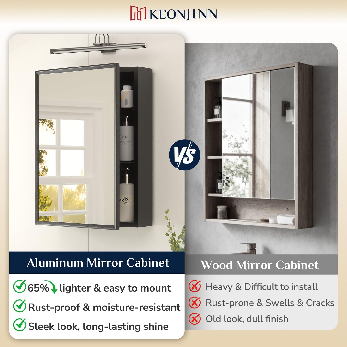 Keonjinn Bathroom Mirror Cabinets 60x80cm, Assembly Required, Black Aluminum Frame Mirrored Bathroom Cabinet Wall Mounted with Storage