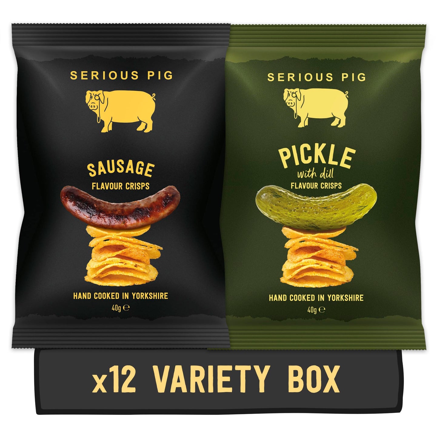Serious Pig Crisps Variety Pack | Sausage and Pickle With Dill Flavours | Hand Made With Finest Yorkshire Potatoes (12 Pack)