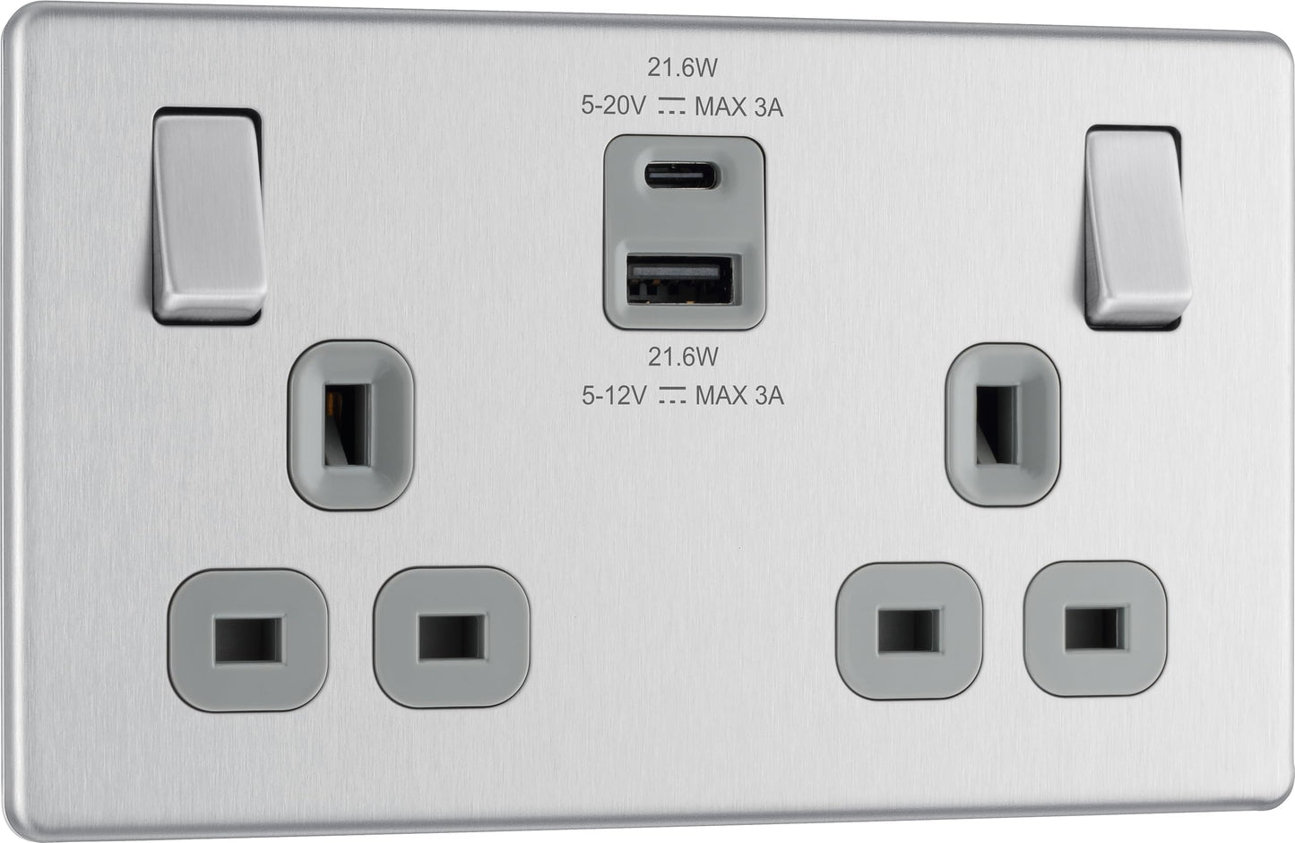 BG Electrical 22W Double Switched Power Wall Plug Socket with Fast Charge Type A and C USB Ports, Screwless, Flatplate, Brushed Steel, Grey Inserts,
