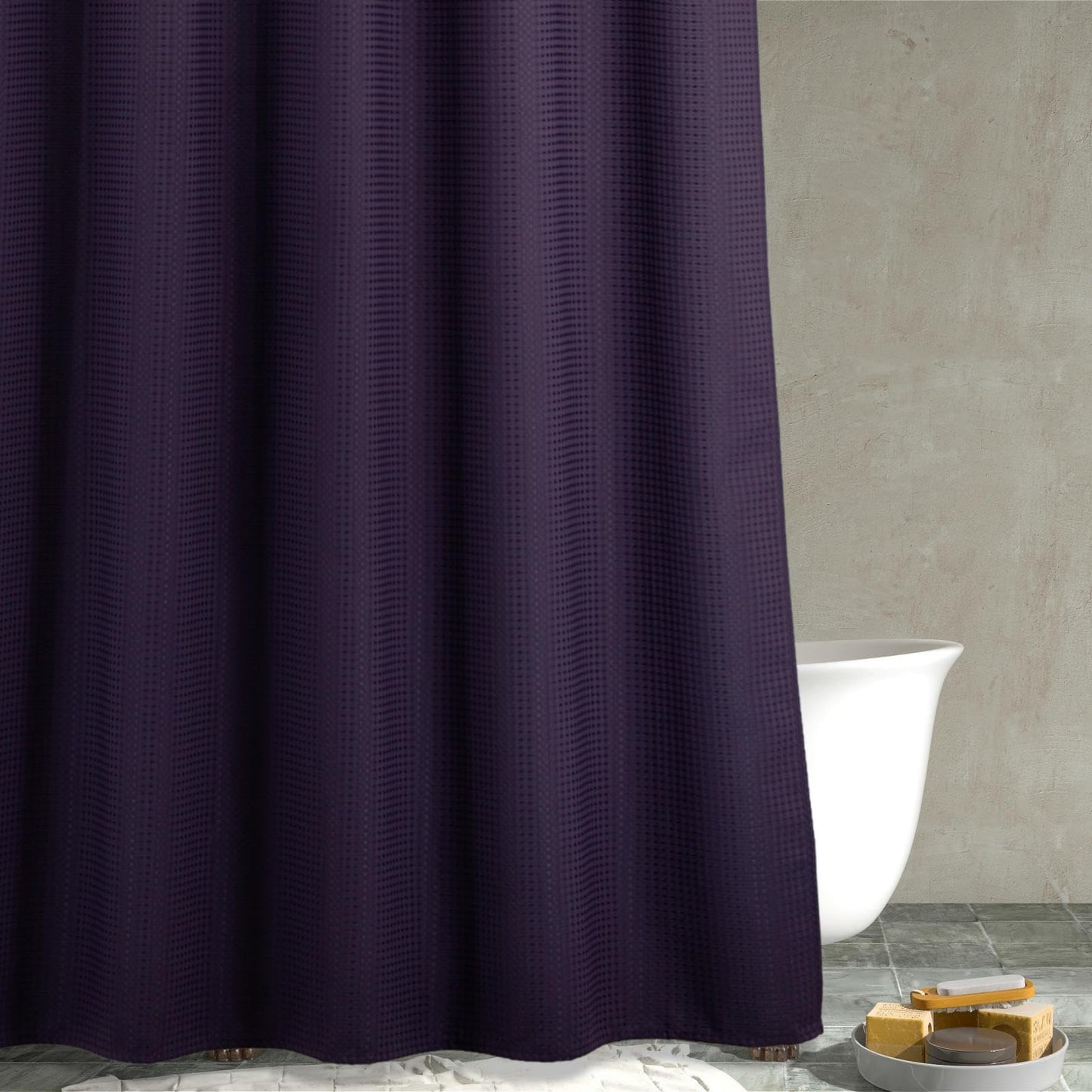 Purple Long Fabric Shower Curtain: 78 Inch Waffle Weave Heavy Duty Shower Curtains for Bathroom - 256 GSM Water Repellent Washable Thick Polyester