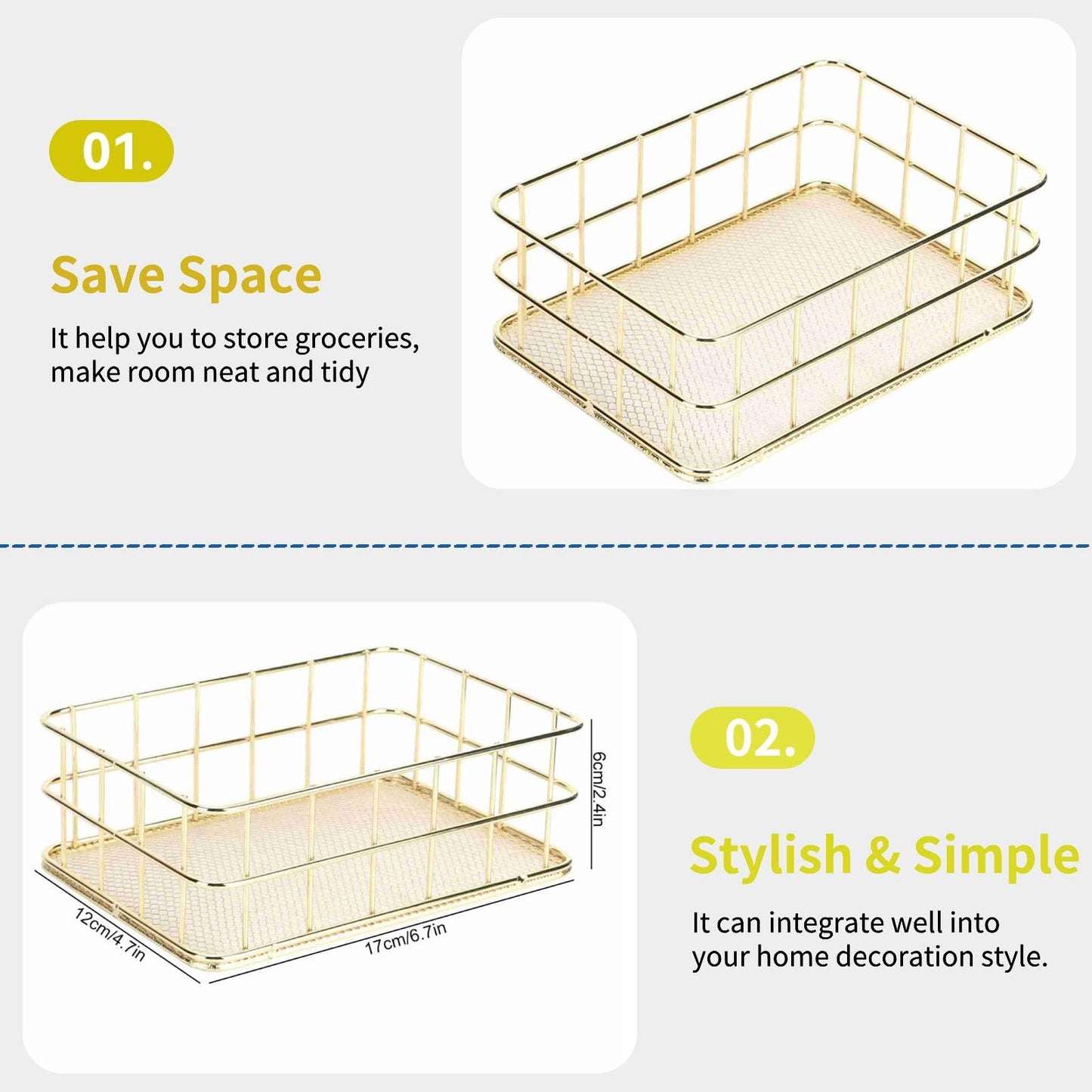 Jwthee Gold Desktop Metal Storage Basket, Small Wire Baskets for Organizing Gold Storage Bins Wire Cabinet Organizer for Kitchen Cabinets, Bathroom