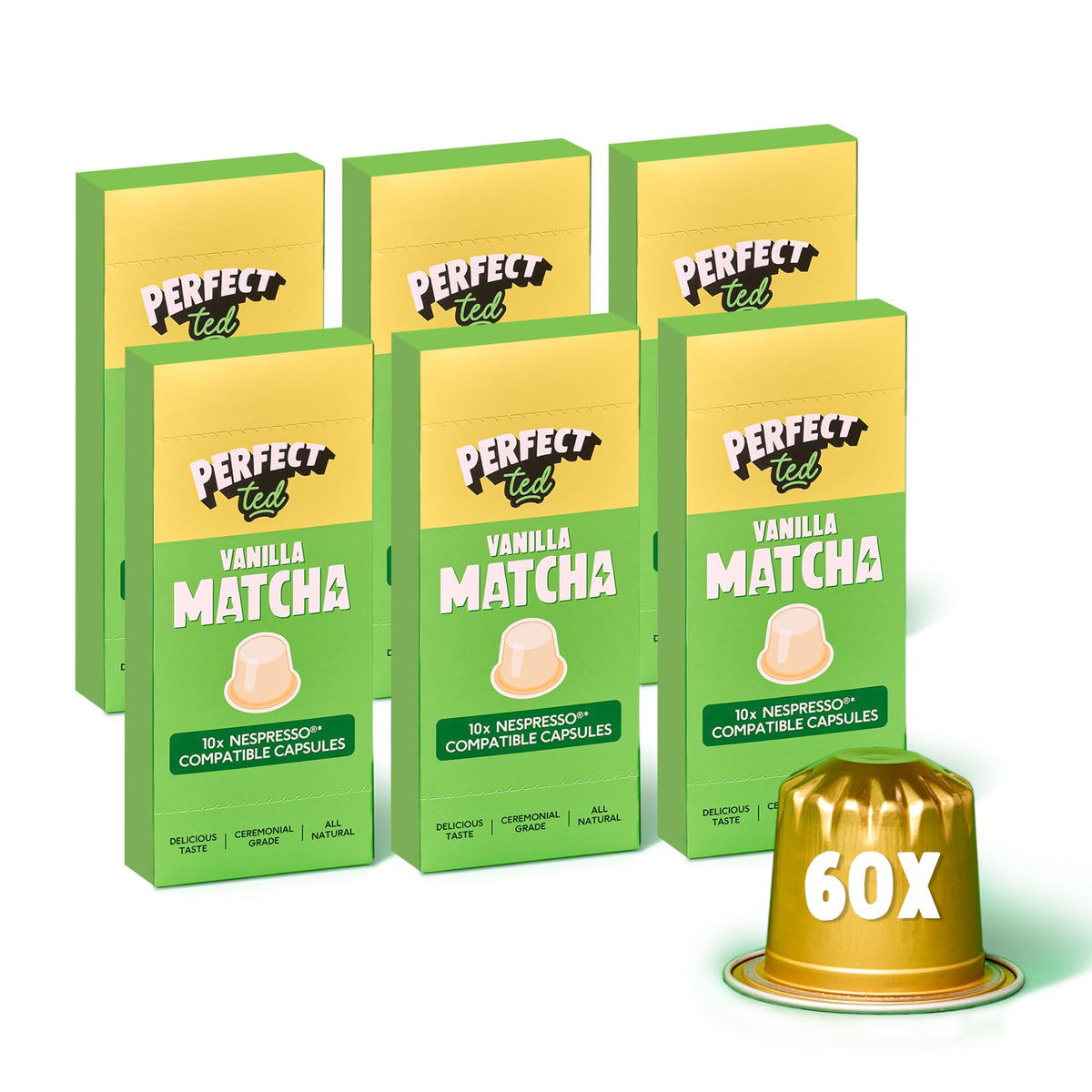 PerfectTed Vanilla Matcha Pods, Ceremonial Grade Japanese, 60 Nespresso Compatible Capsules, Perfect for Sweet Lattes | with L-Theanine | Natural