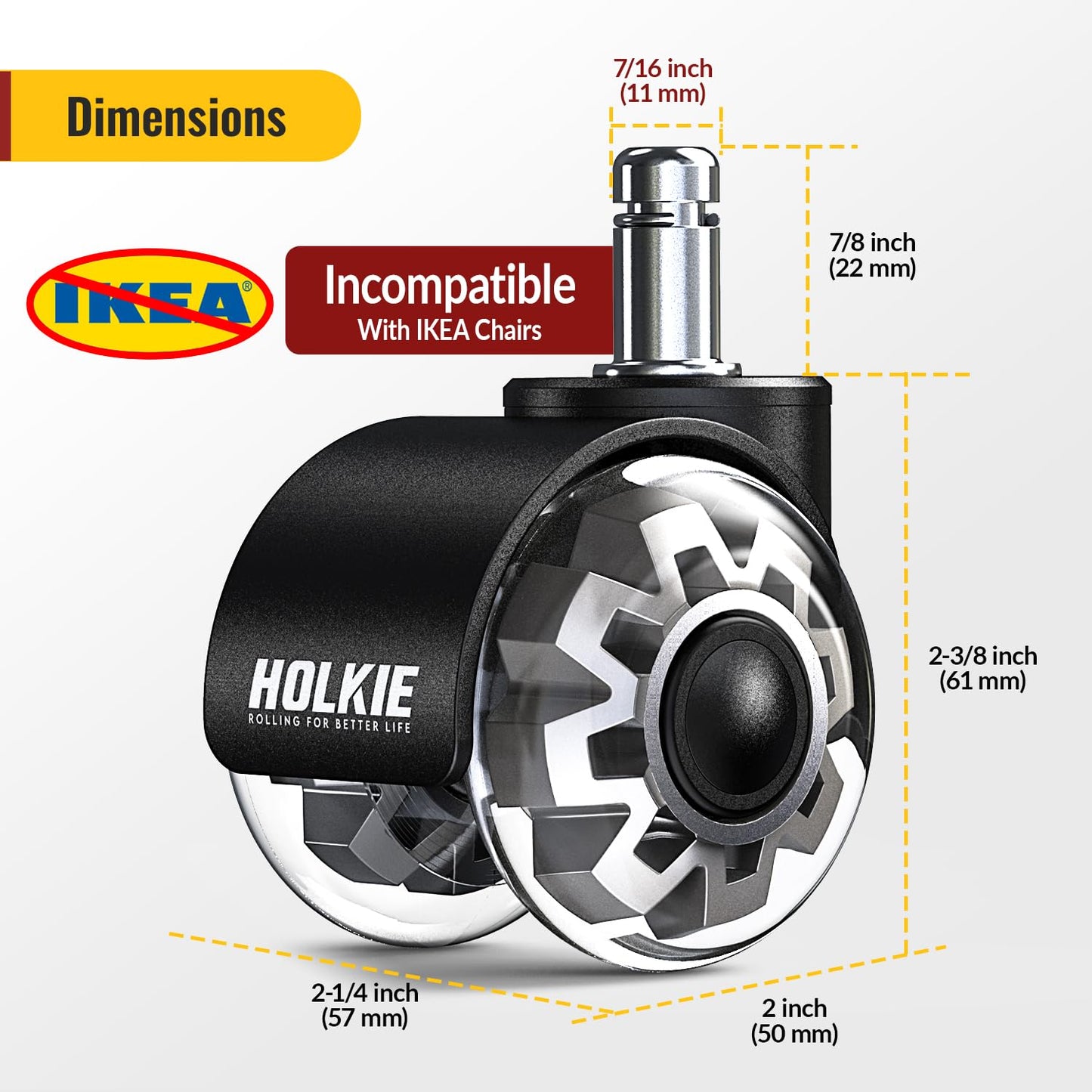 HOLKIE Office Chair Wheels 11x22mm Universal Fit 2 Inch Castors Replacement, Grey Dual Rubber Smooth & Silent Chair Casters Wheels-Set of 5 For