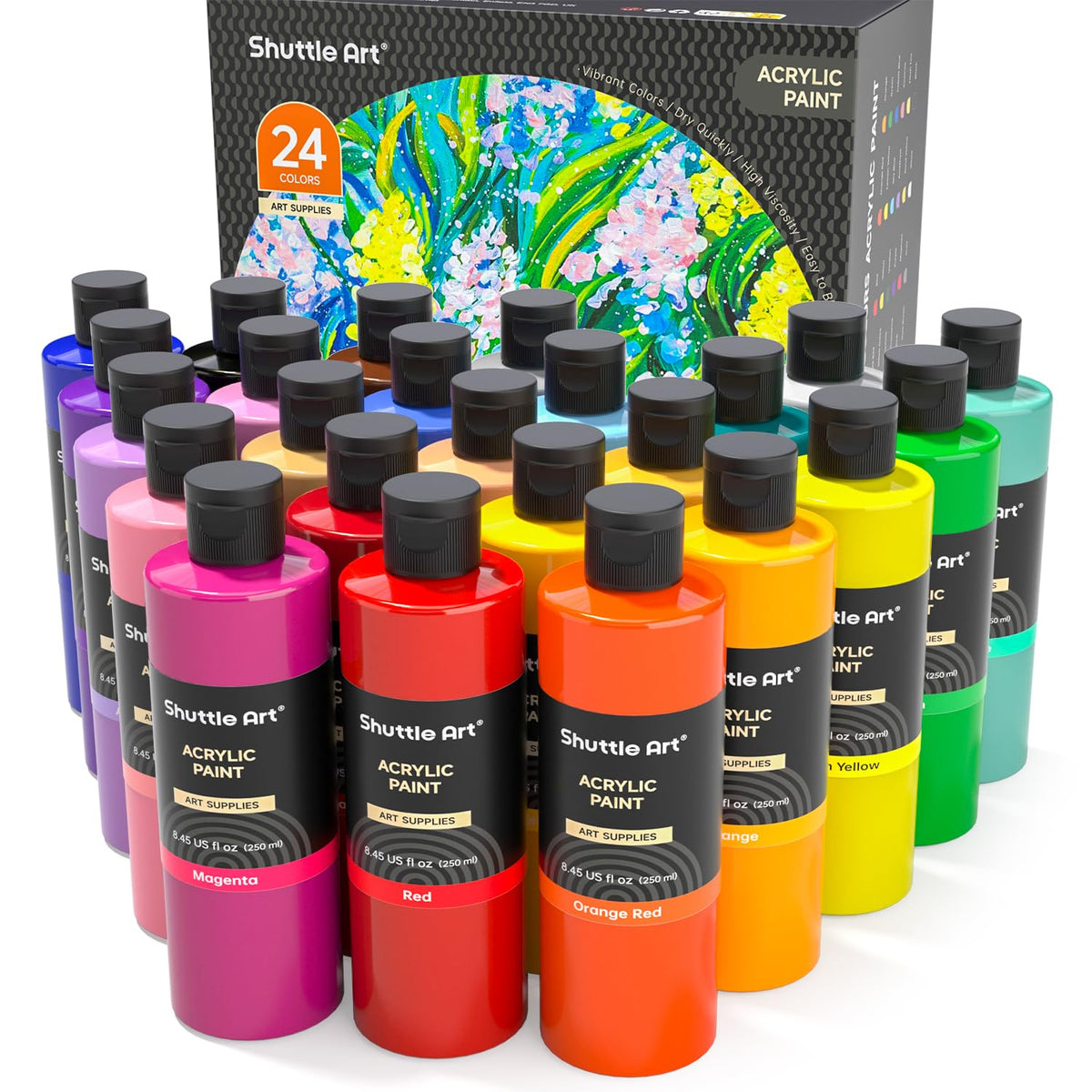 Shuttle Art Acrylic Paint Set, 24 Colours Acrylic Paints Bottle(250ml/8.45oz), Rich Pigmented Acrylic Paints, Bulk Painting Supplies for Artists,