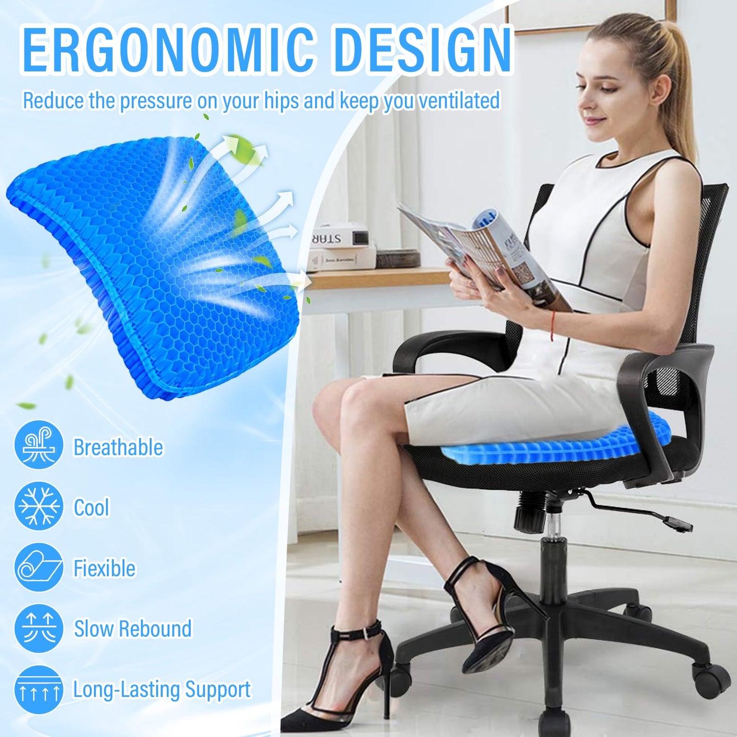 Gel Seat Cushion,Soft Sitter Honeycomb Ergonomic Cushion Cool Gel Cushion Large Double Thick Gel Cushion with Cloth Cover Pressure Pain Relief