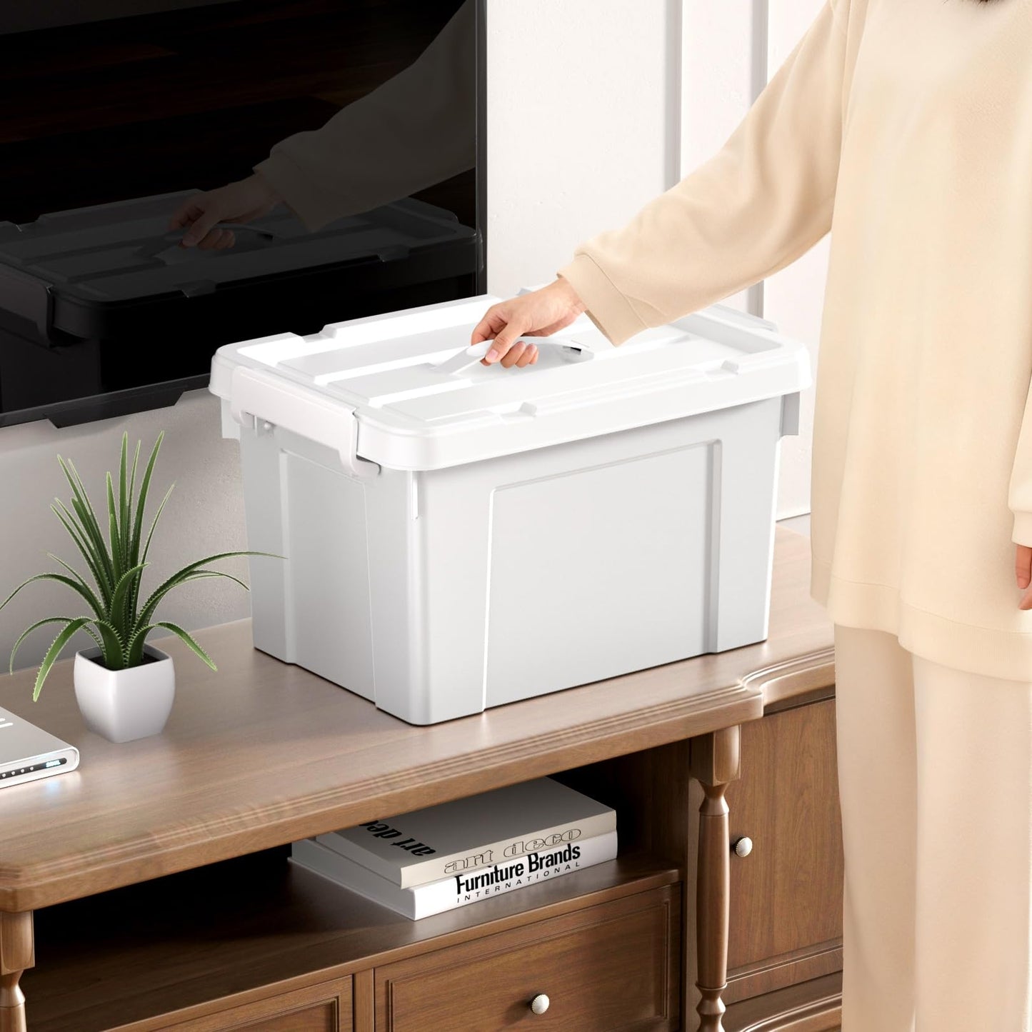 Cetomo 20L*4 Storage Boxes, Carry Plastic Storage Box with Lids, Organizing Container with Handle and Secure Latching Buckles, Stackable, Nestable