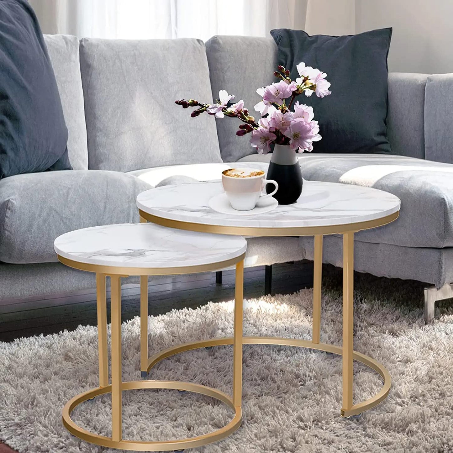 HEYZOEY Round Coffee Tables, Removable Set of 2 End Table, Nesting Tables with Gold Metal Frame Legs and Marble White Top for Living Room, Bedroom