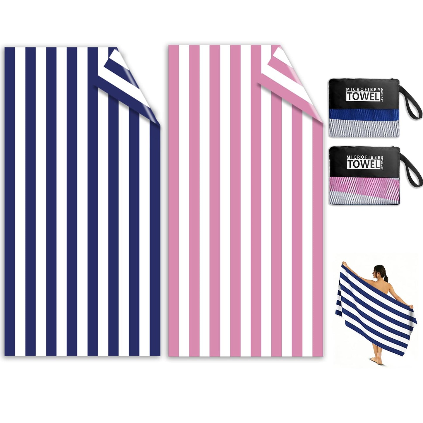 Microfibre Beach Towels for Adults - 2 Pack 180x90cm Microfibre Towel