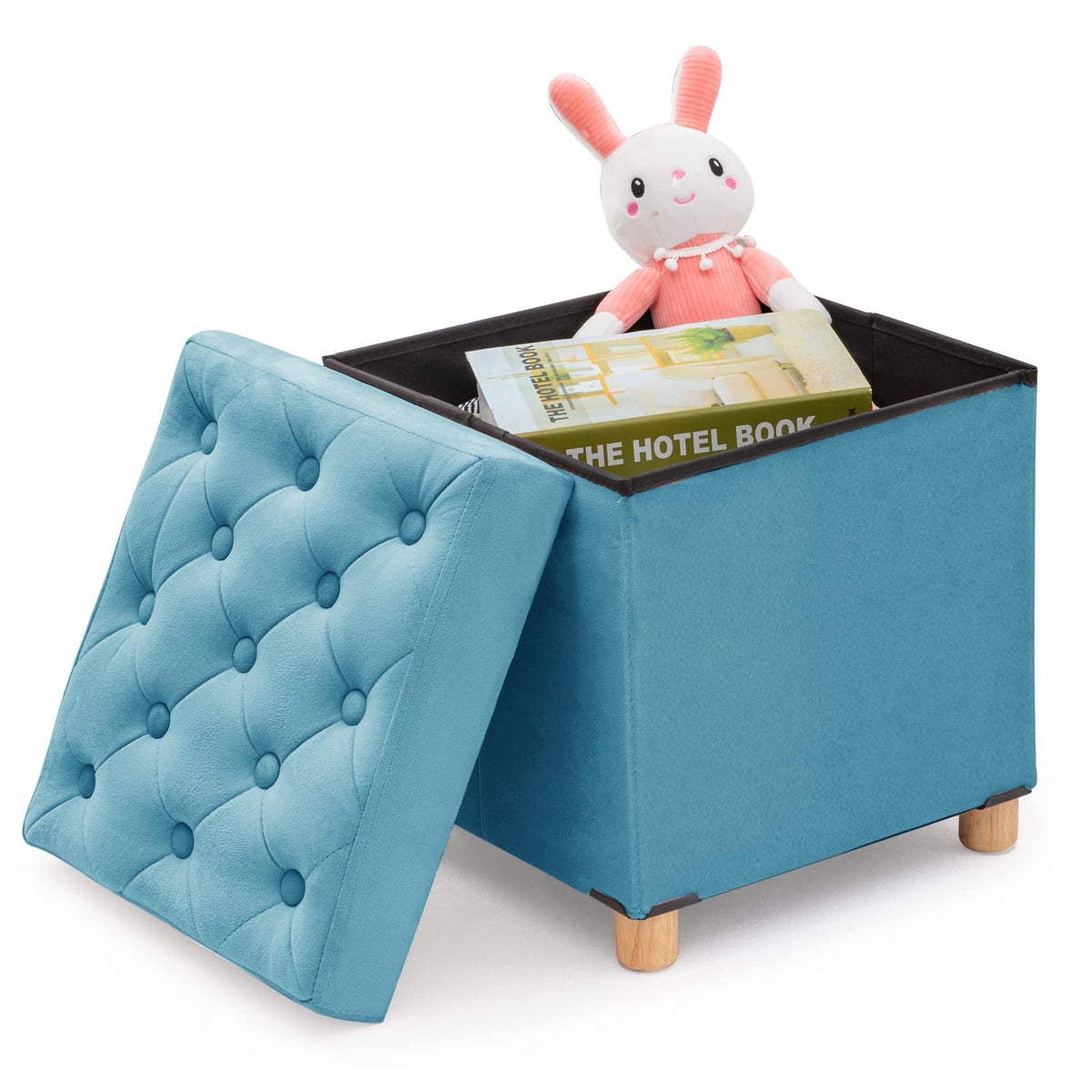 BRIAN & DANY Folding Storage Ottoman with Wood Legs, Velvet Footstools Cube for Living Room and Bedroom, 40x 40x 40 cm, Teal