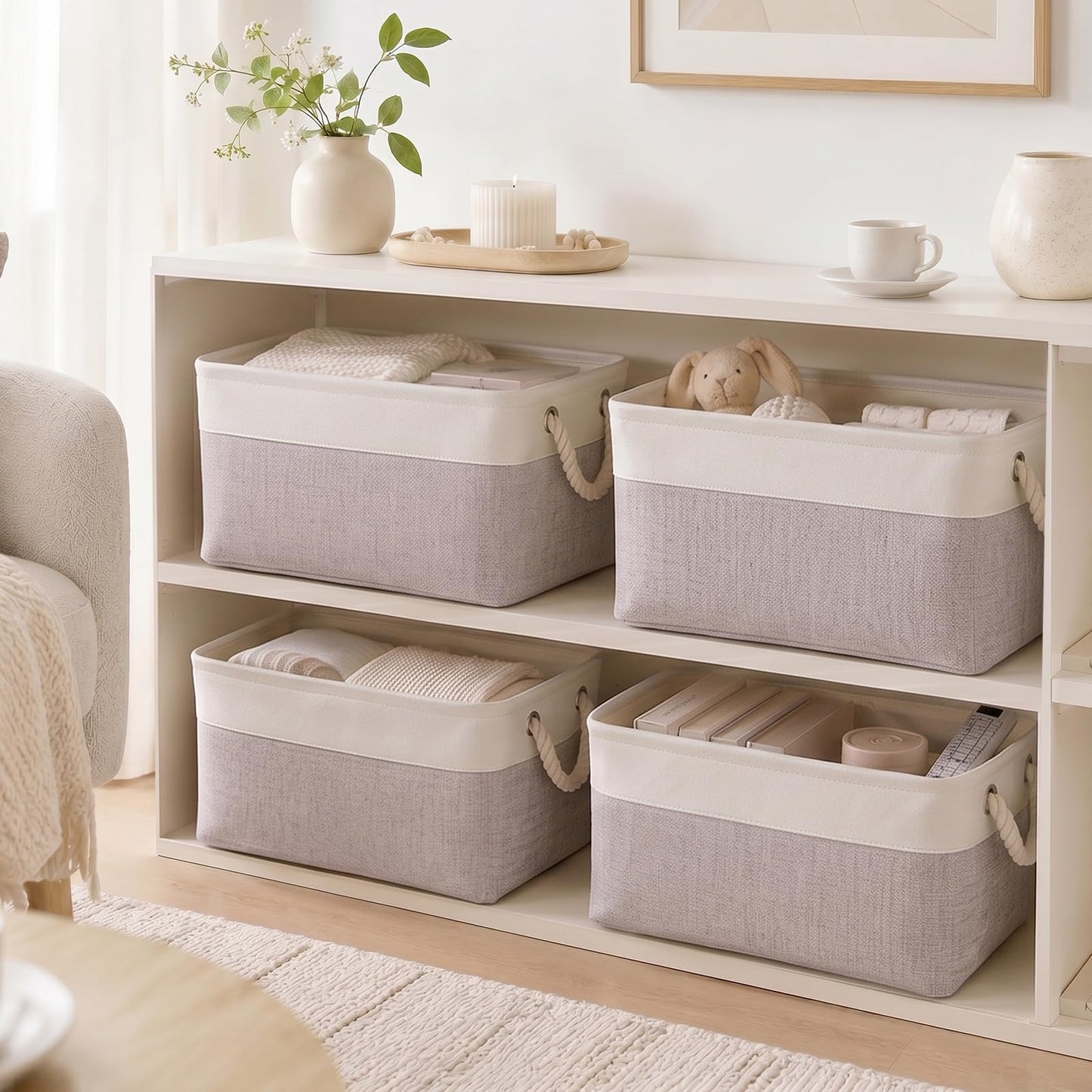 Mangata Fabric Storage Box set of 3, Foldable Fabric Storage Baskets with Handles for Cupboards, Wardrobe, Shelves, Bathroom, Clothes, Toys, Towel